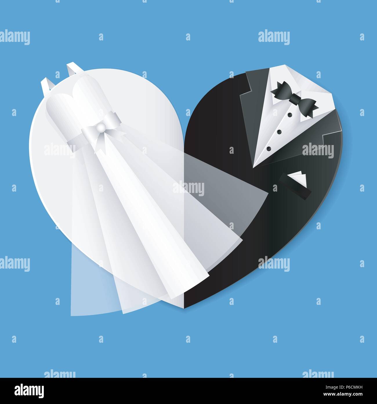 Wedding shape of heart illustration - clothes of the bride and groom hangs diagonally across the heart Stock Vector