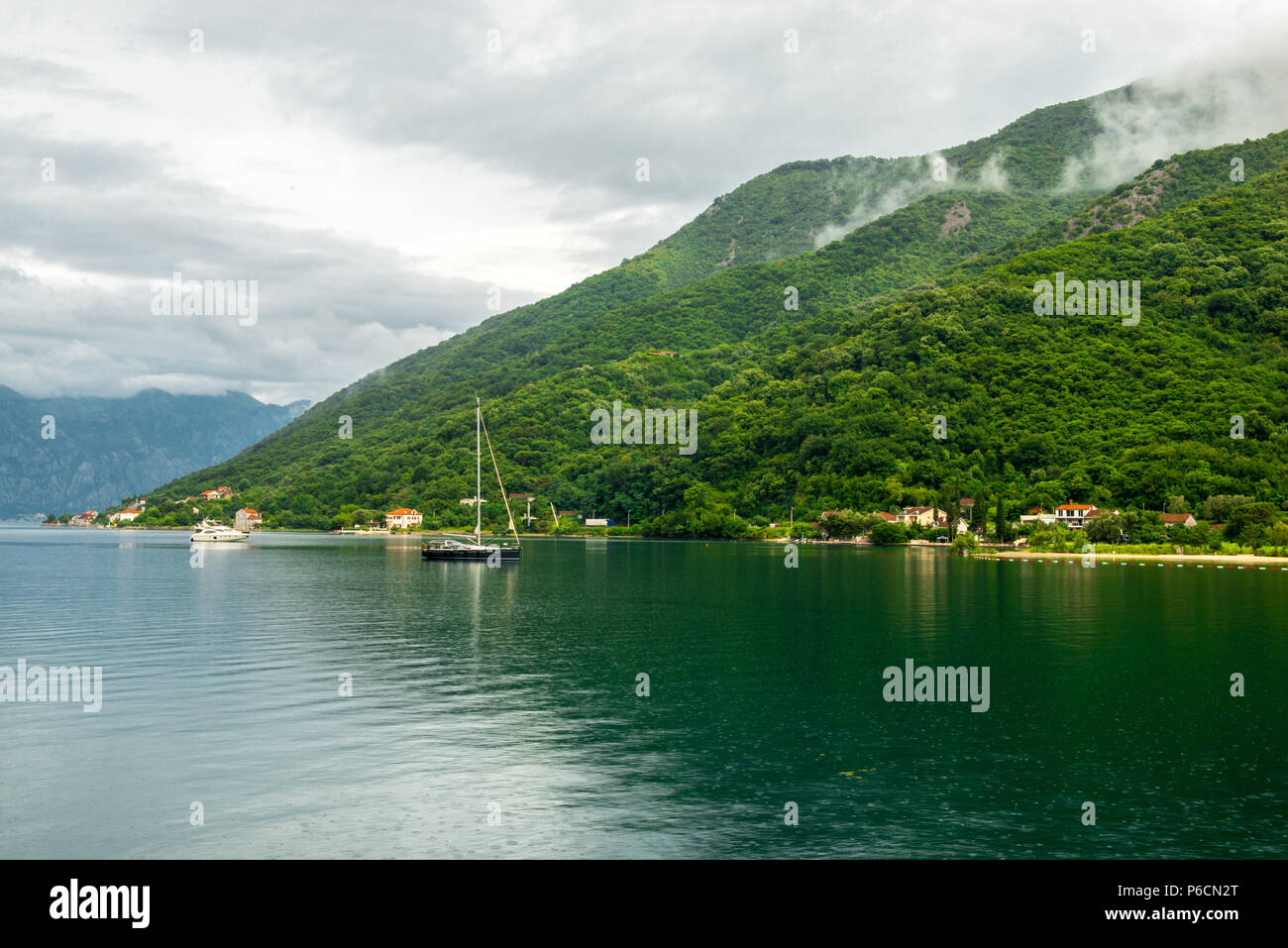 Romantic Mediterranean cloudly landscape. Montenegro, view of Bay of Kotor Stock Photo