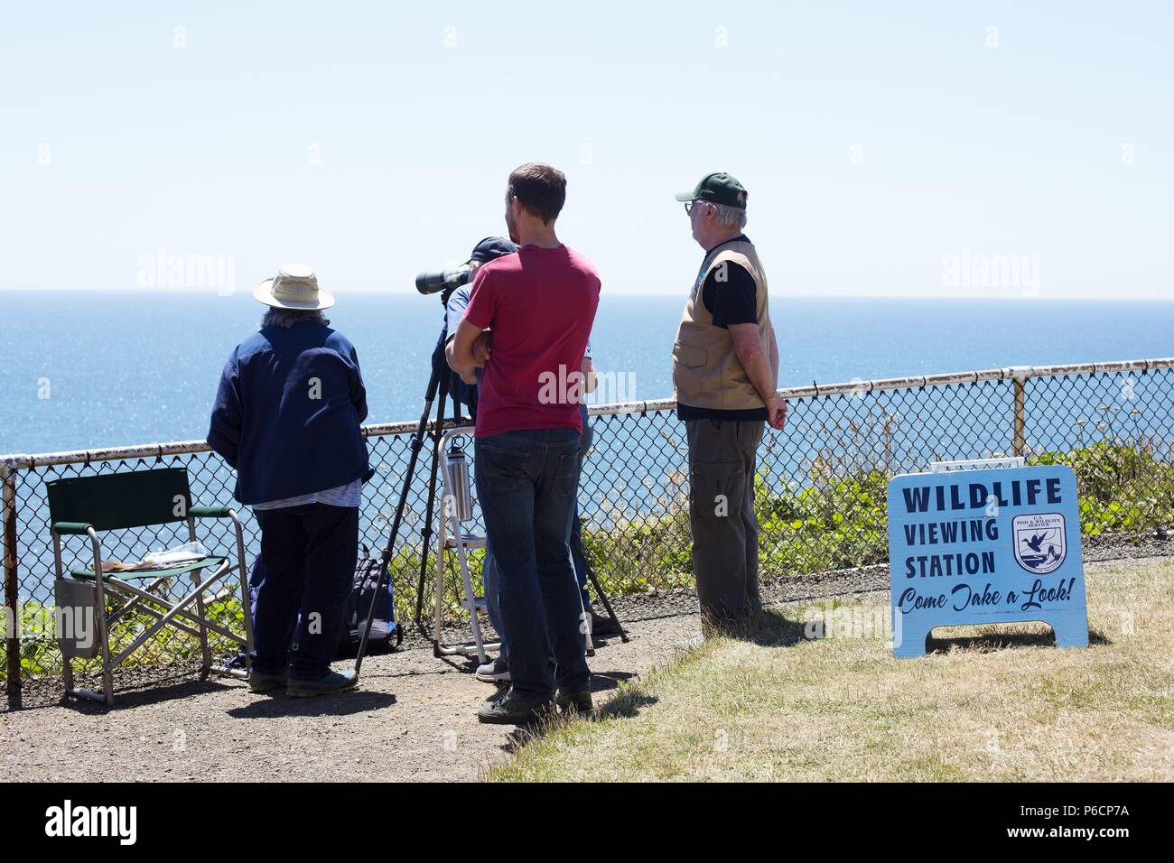 People looking out at the ocean at a wildlife viewing station at Heceta Head on the coast of Oregon, USA. Stock Photo