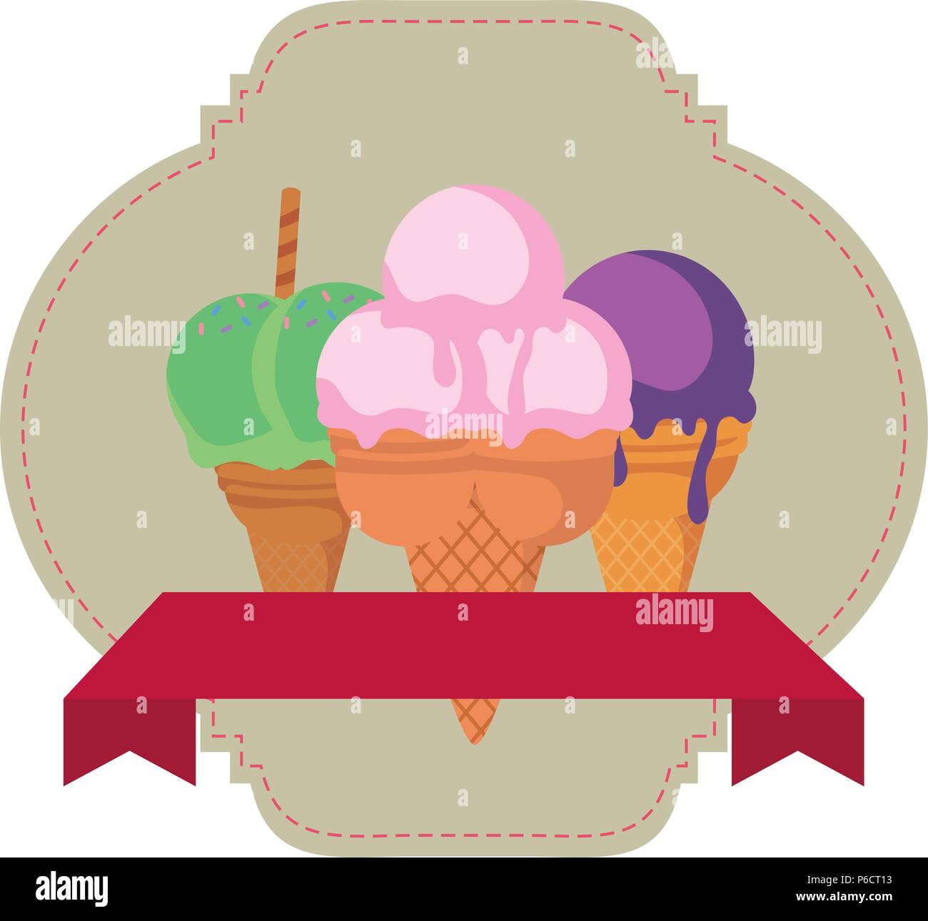 VIntage badge with decorative ribbon and ice cream cones icon over ...