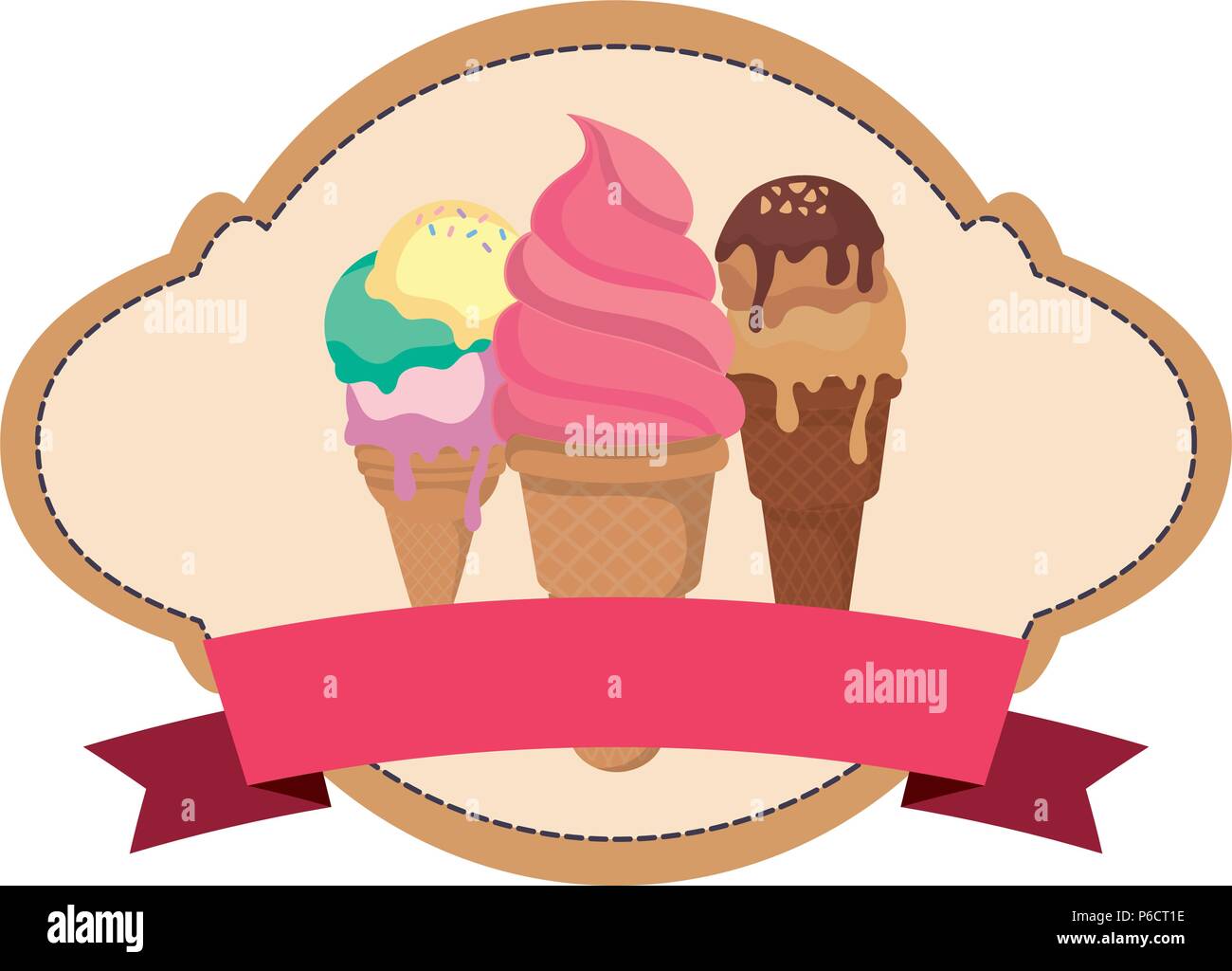 VIntage badge with decorative ribbon and ice cream cones icon over ...