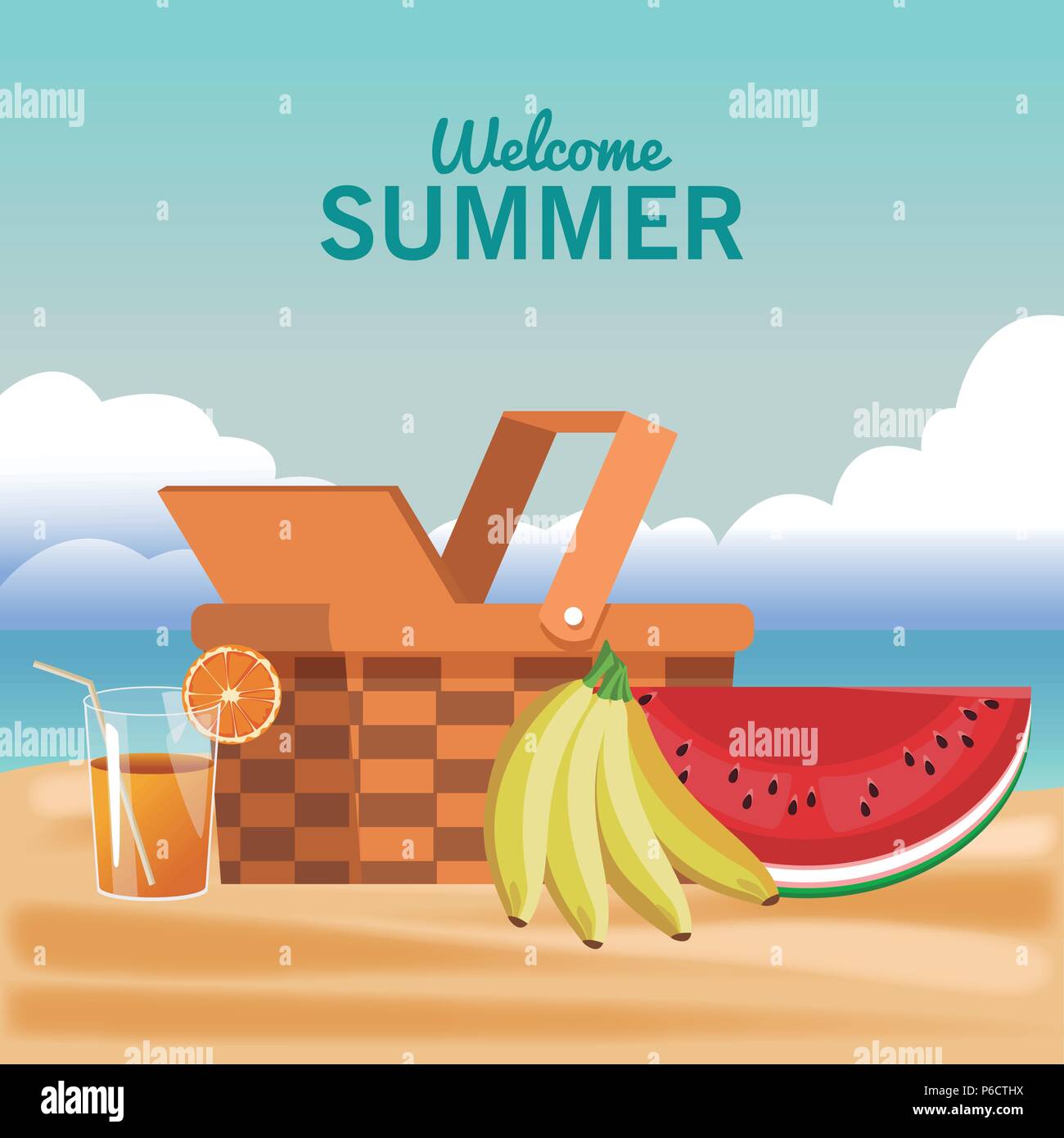 Welcome summer picnic basket and fruits vector illustration graphic ...