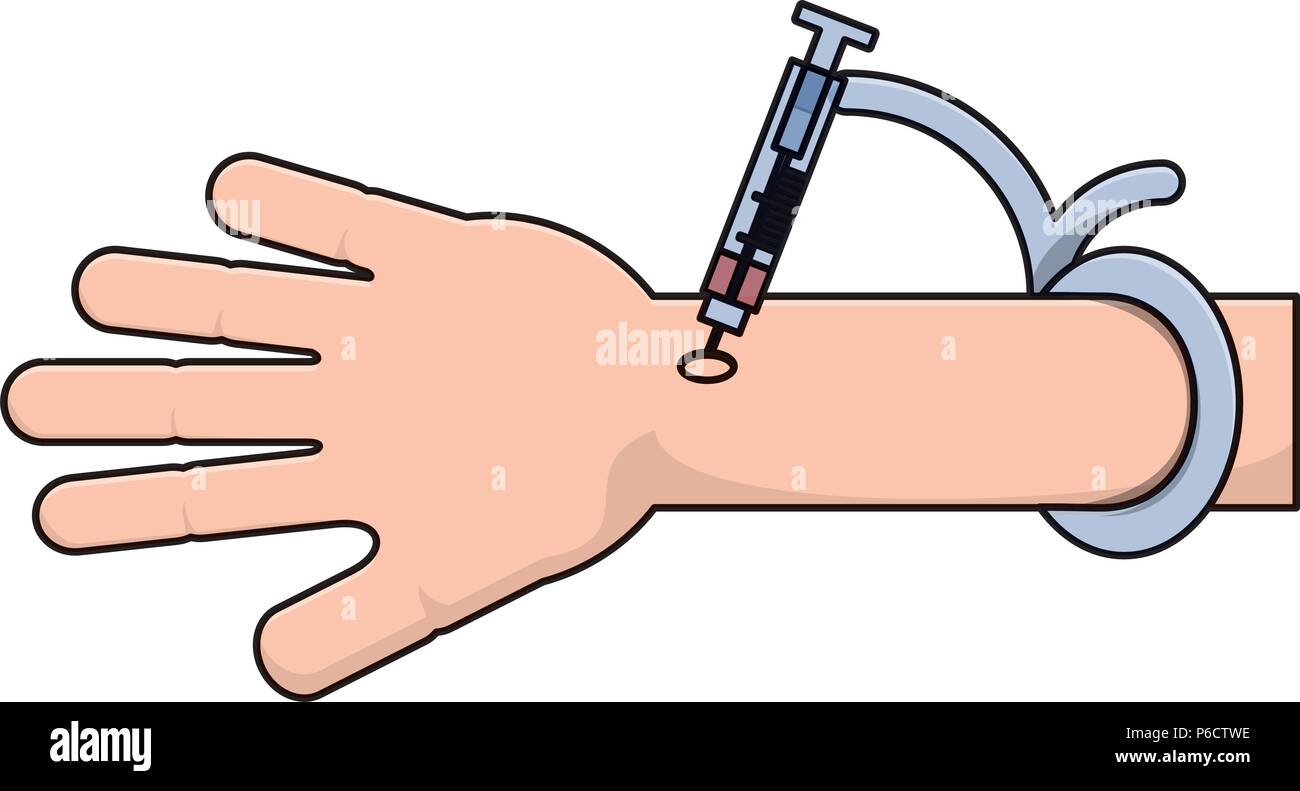 hand with a syringe for injection icon over white background, vector ...