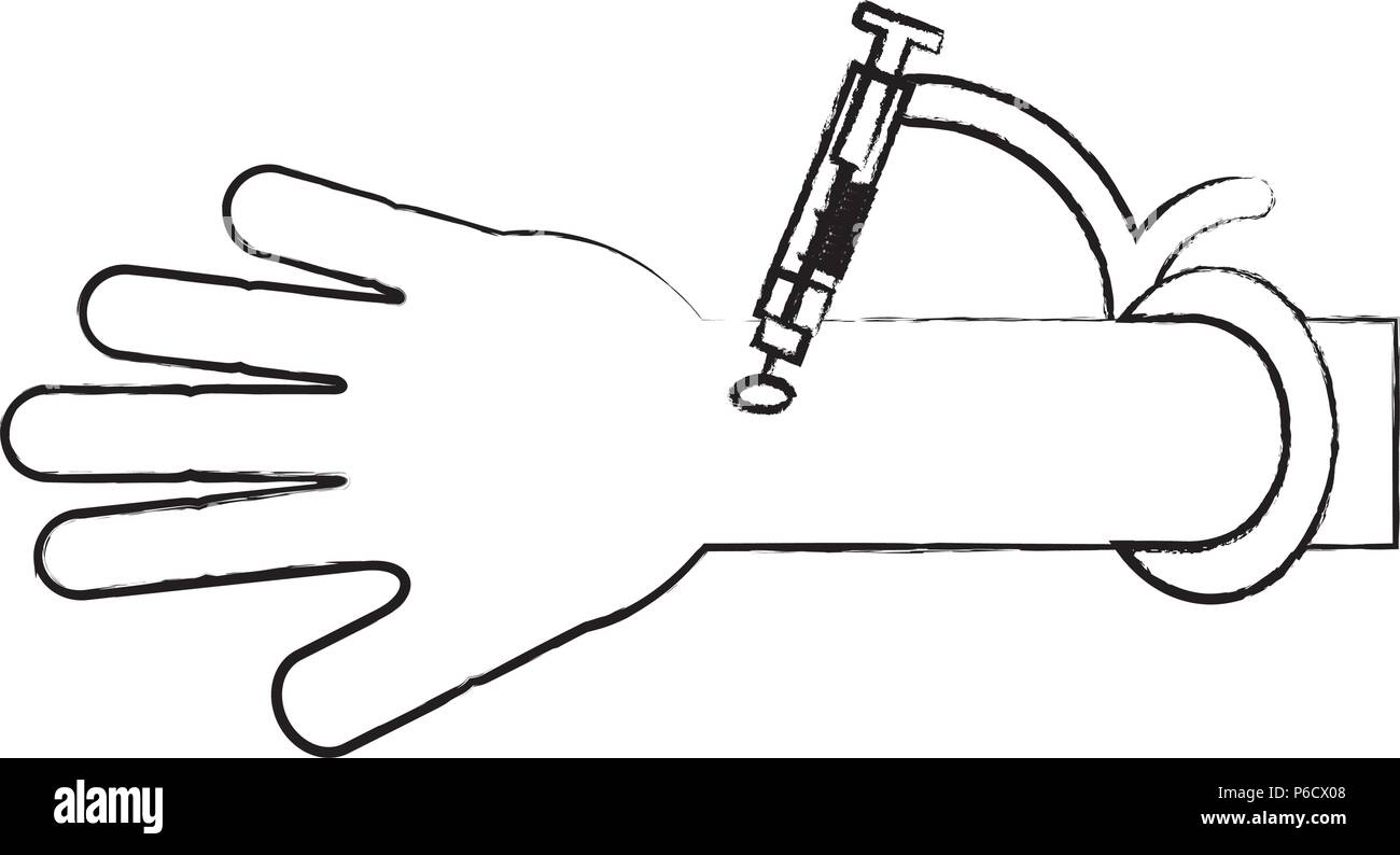 hand with a syringe for injection icon over white background, vector ...