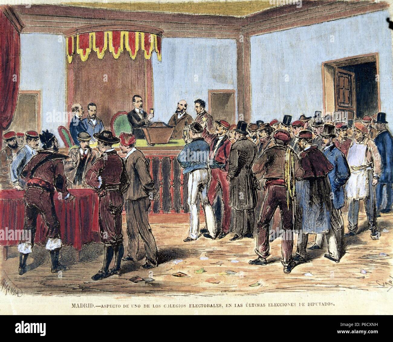 AMADEO I ( AMADEO DE SABOYA ). REY DE ESPAÑA. TURIN 1845 - 1890. ' MADRID. COLEGIO ELECTORAL , AÑO 1871 '. GRABADO COLOREADO. ILUSTRACION ESPAÑOLA Y AMERICANA. Stock Photo
