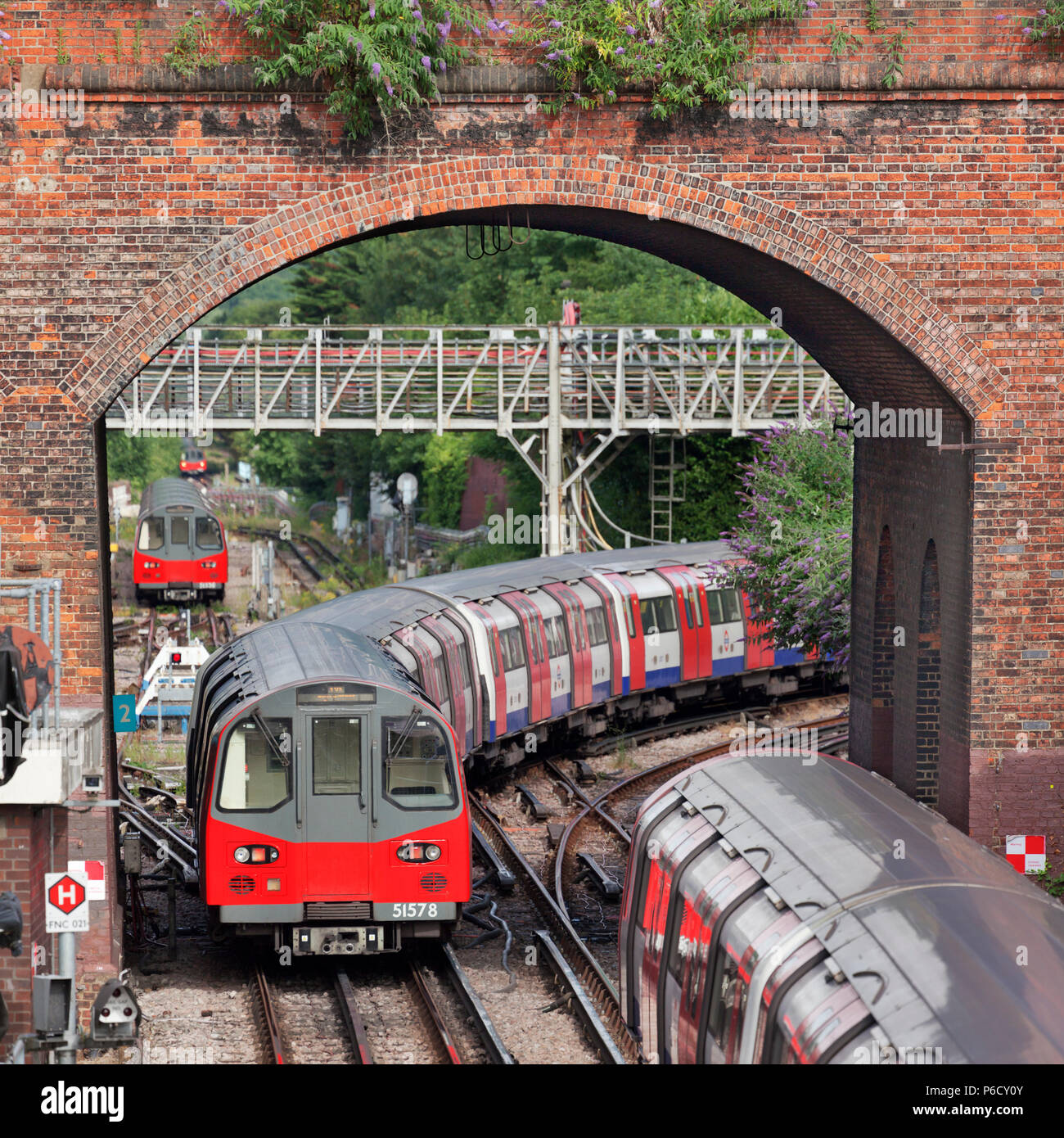 A jumble of Underground trains at Finchley Central where the Northern line branches to Mill Hill East and High Barnet. Stock Photo