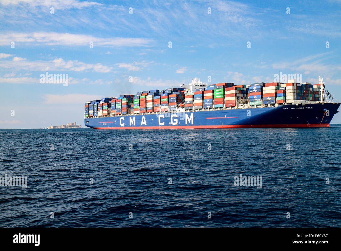 CMN's container ships queuing to pay tribute TO Jacques SAADE founder of CMA-CGM group Stock Photo