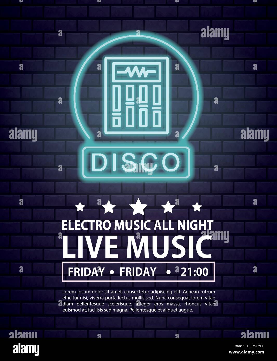 Disco Electro Music Invitation Poster Neon Lights Colors Vector Illustration Graphic Design Stock Vector Image Art Alamy