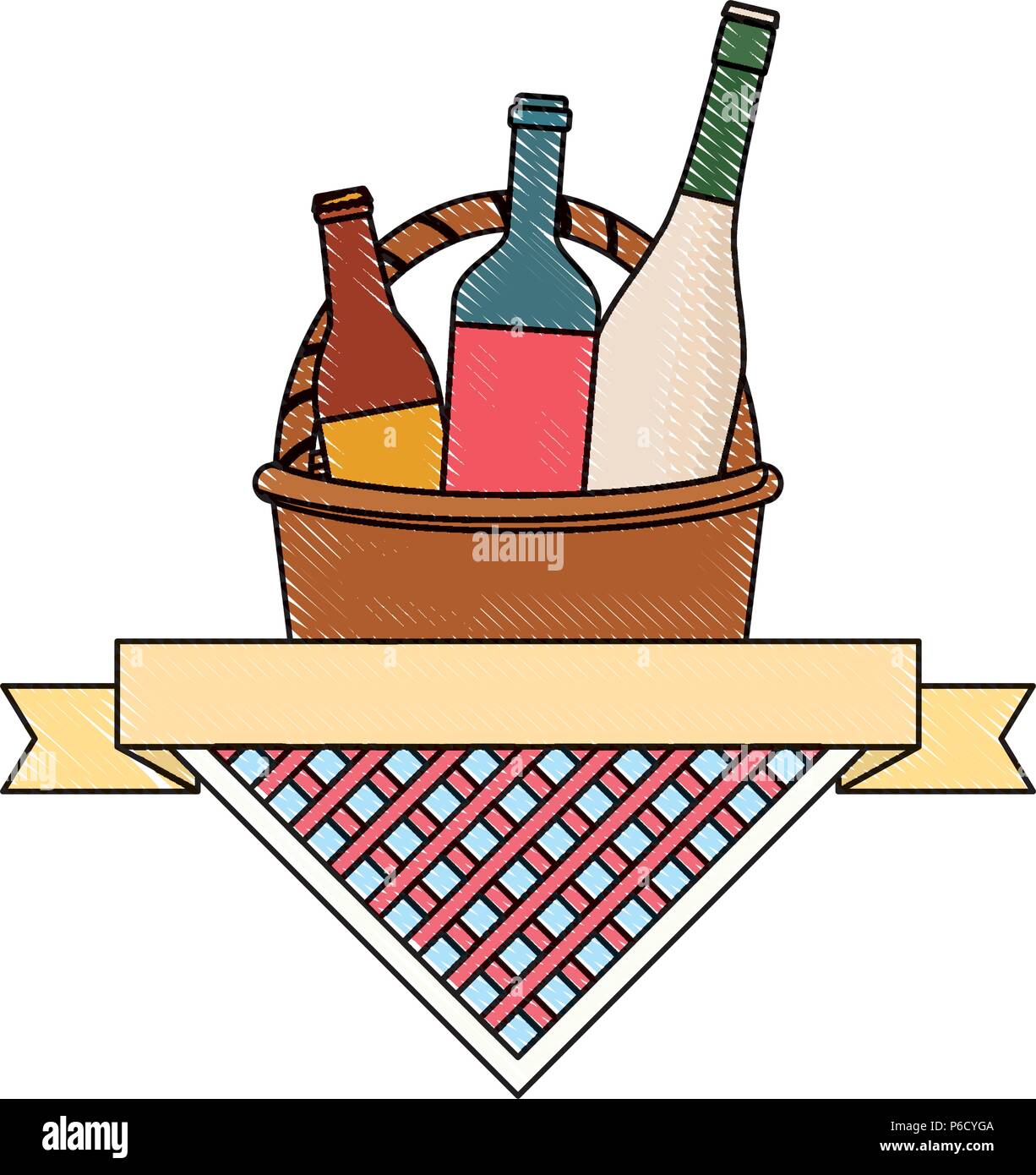 picnic basket with wine and champagne bottles icon over white ...