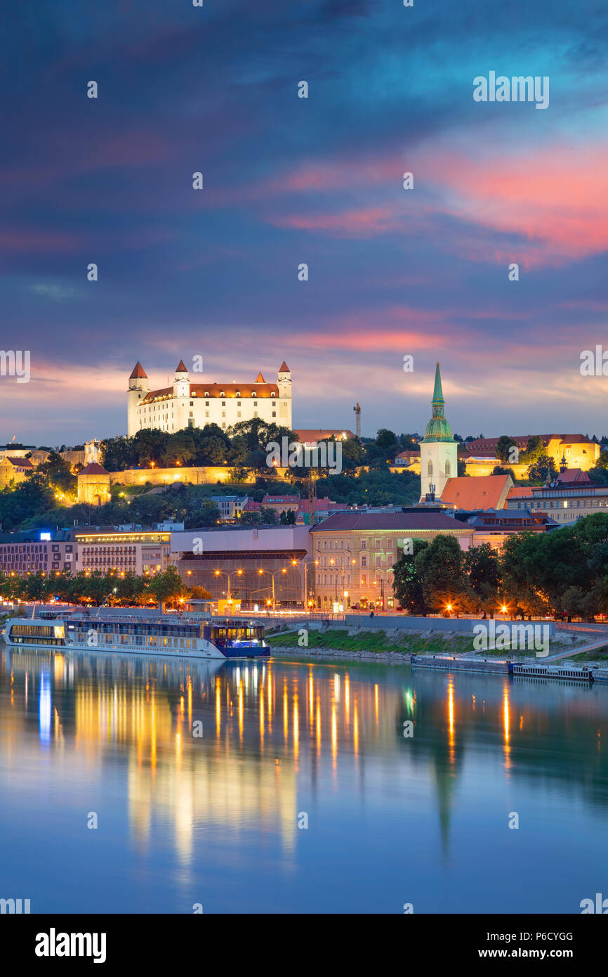 Bratislava. Cityscape image of Bratislava, capital city of Slovakia during twilight blue hour. Stock Photo
