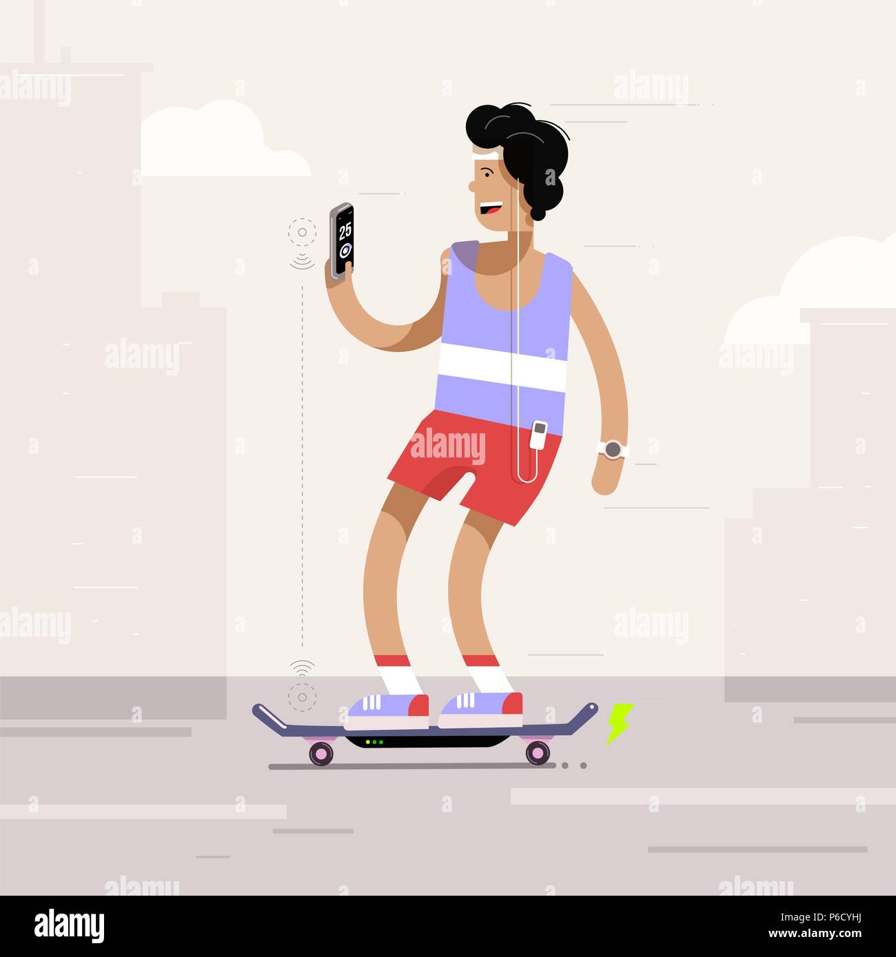 Young man riding electric skateboard in the city. Vector illustration Stock Vector