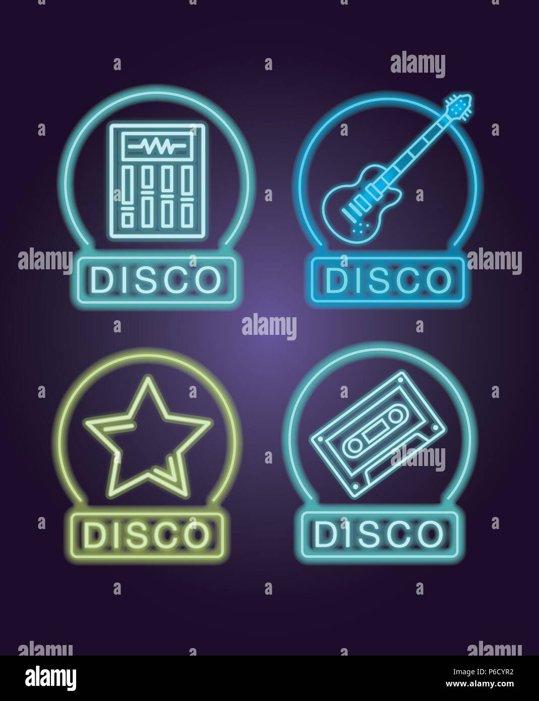 Set of disco emblems neon lights vector illustration graphic design