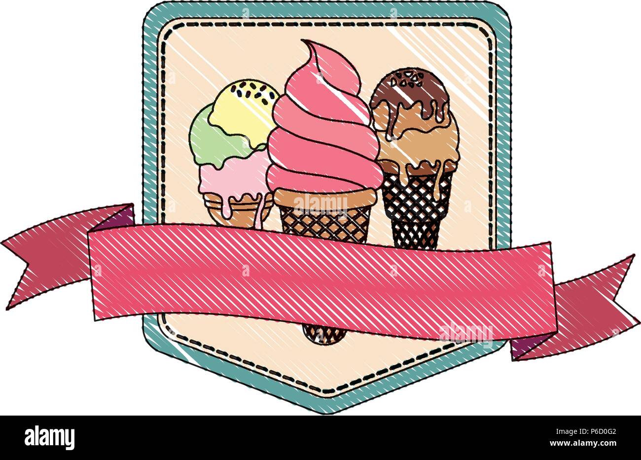 Shield badge with ice creams and decorative ribbon over white background, vector illustration Stock Vector