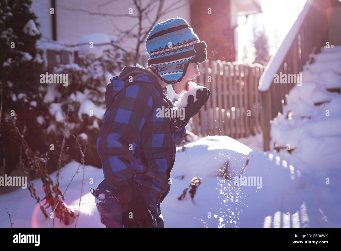 Cute boy licking snow Stock Photo