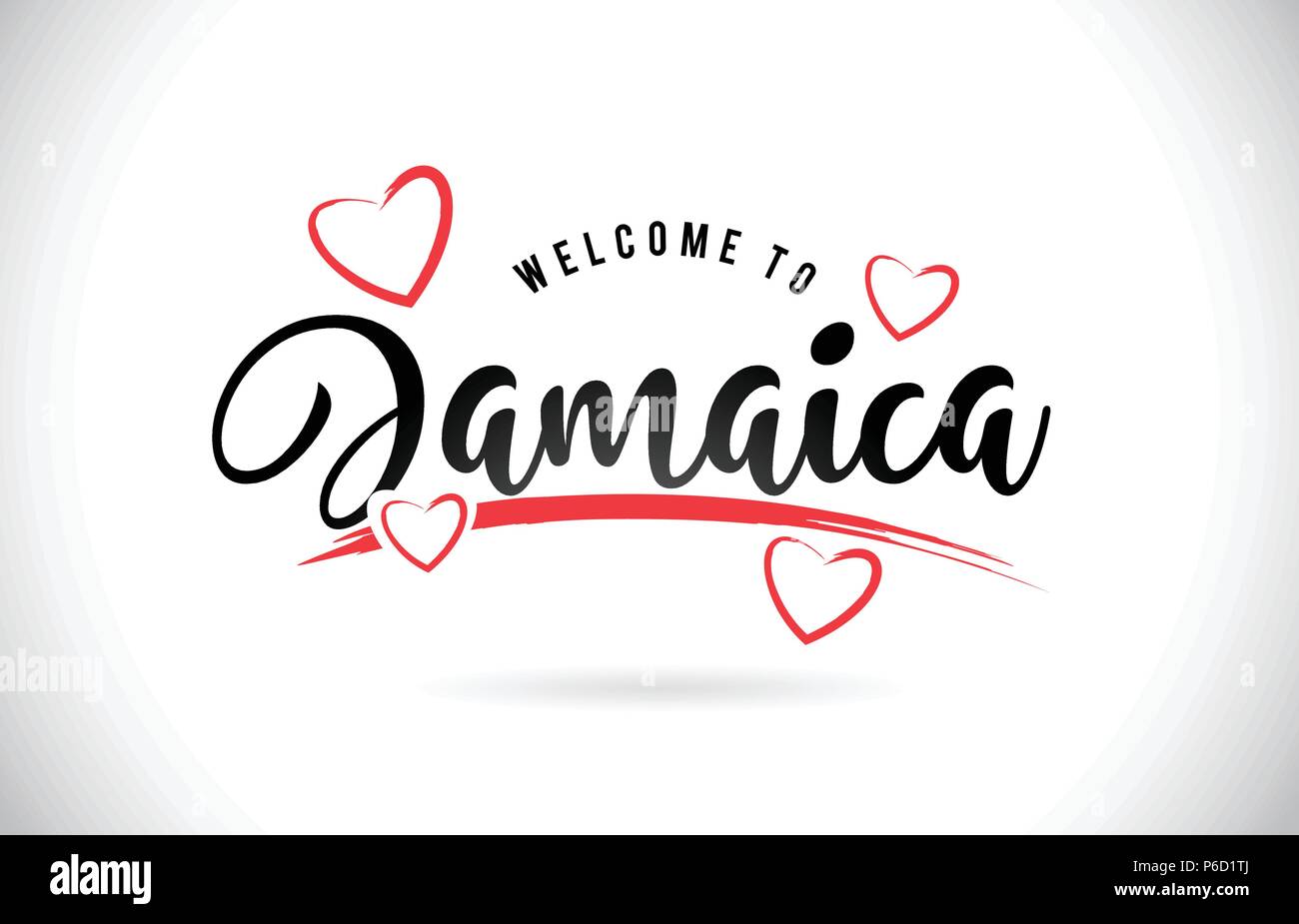 Jamaica Welcome To Word Text With Handwritten Font And Red Love Hearts