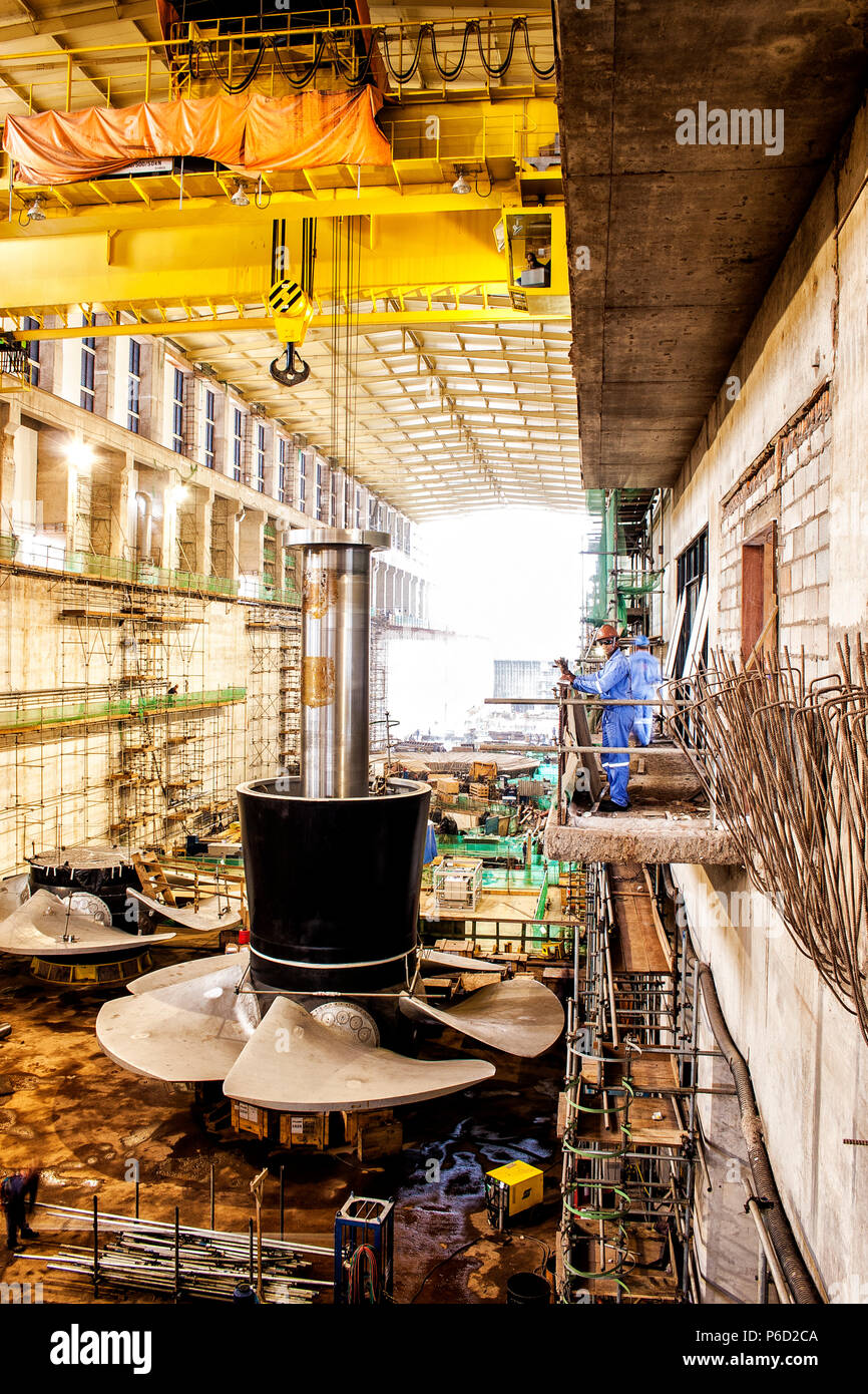 Part of a water turbine in the interior of the Power House of Estreito