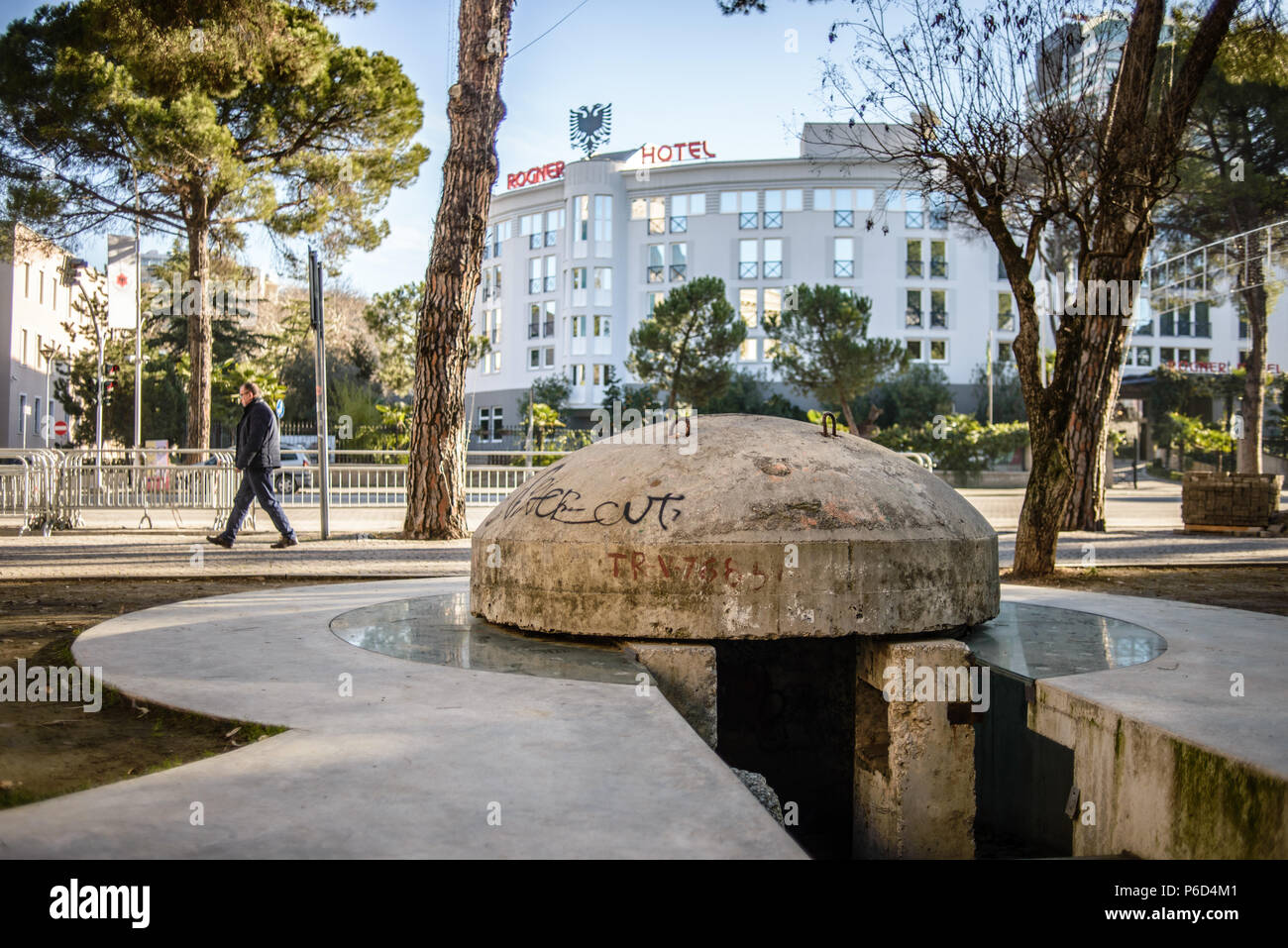 A concrete bunker in the city park in Tirana, Albania Stock Photo