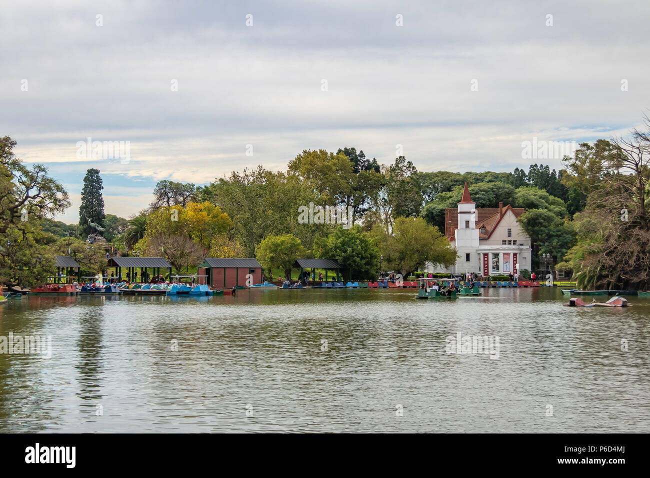 Bosques de Palermo (Palermo Woods) lake with Sivori Museum on background - Buenos Aires, Argentina Stock Photo