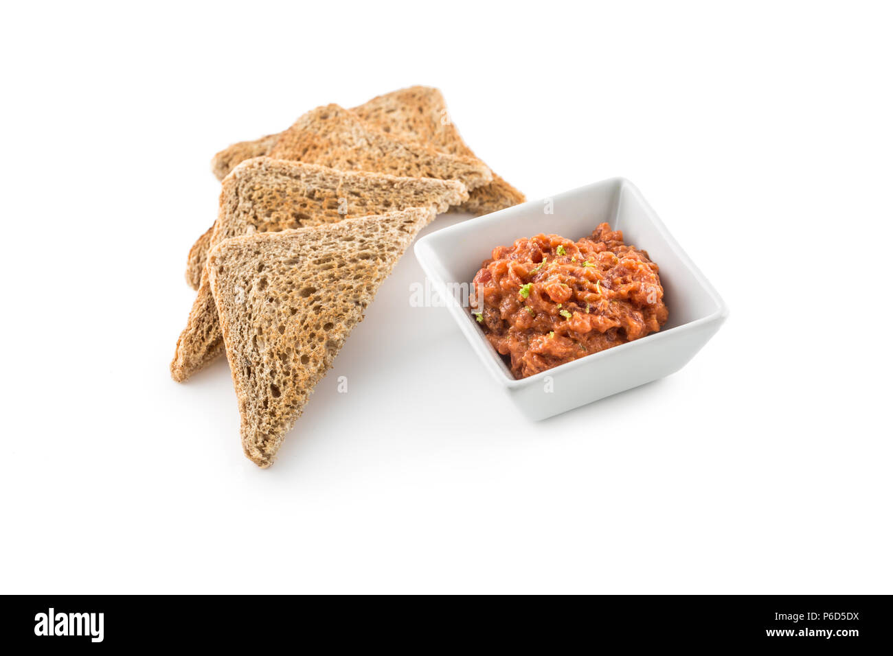 Tuna cereamy tartare with toast breads isolated on white Stock Photo