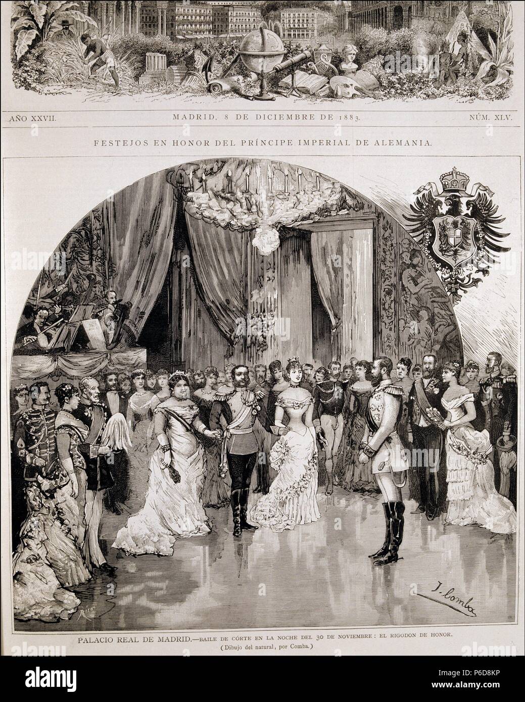 ALFONSO XII. REY DE ESPAÑA. MADRID 1857 - 1885. ' EL PRINCIPE IMPERIAL DE ALEMANIA, FEDERICO GUILLERMO , VISITA ESPAÑA. BAILE EN SU HONOR. CON EL REY , LA REINA MARIA CRISTINA DE HABSBURGO E ISABEL II '. DIBUJO DE J. COMBA , AÑO 1883. ILUSTRACION ESPAÑOLA Y AMERICANA. Stock Photo