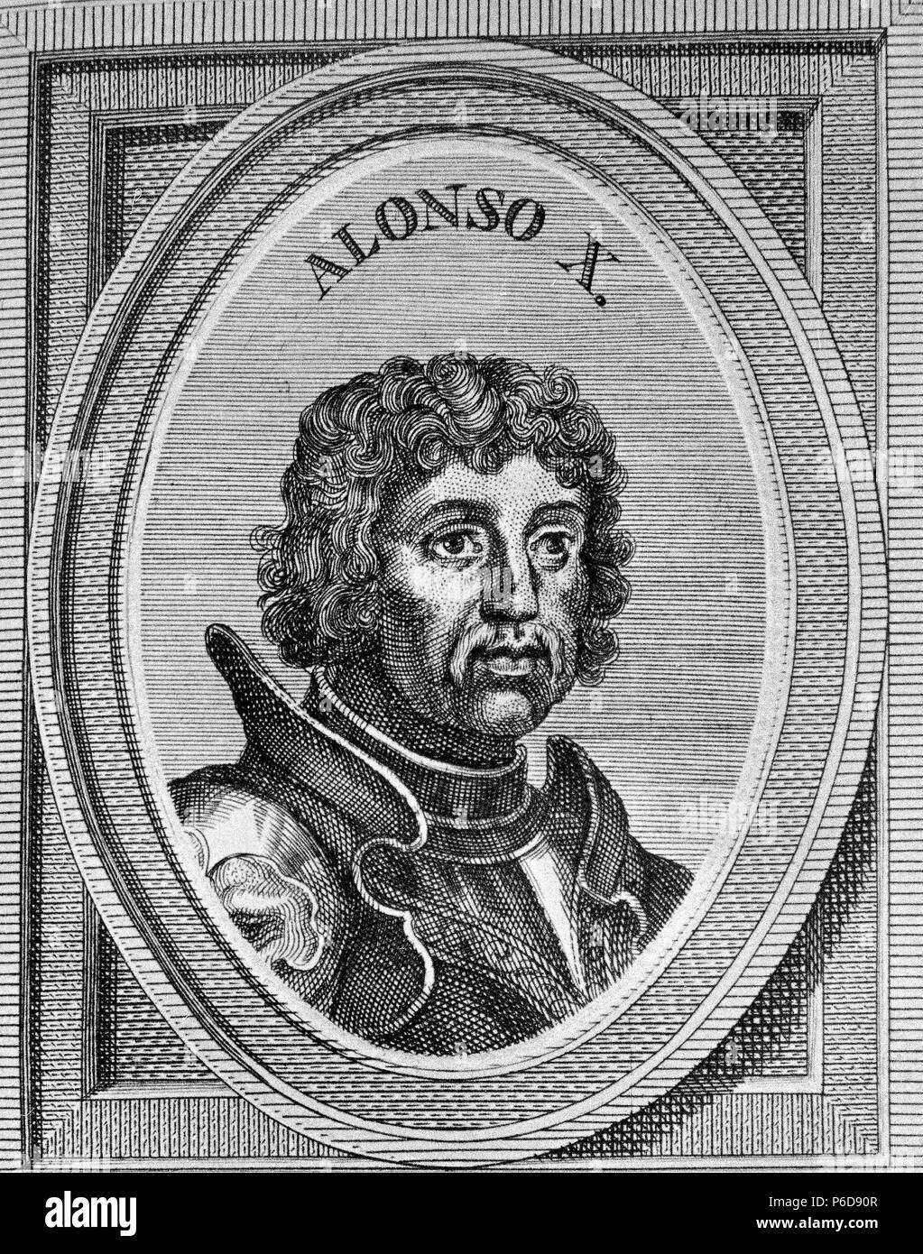 ALFONSO X ' EL SABIO '. REY DE CASTILLA Y LEON. TOLEDO 1221 - 1284. GRABADO RETRATO DE ARNOLDO VANWESTER , 1684. BIBLIOTECA NACIONAL. MADRID. Stock Photo