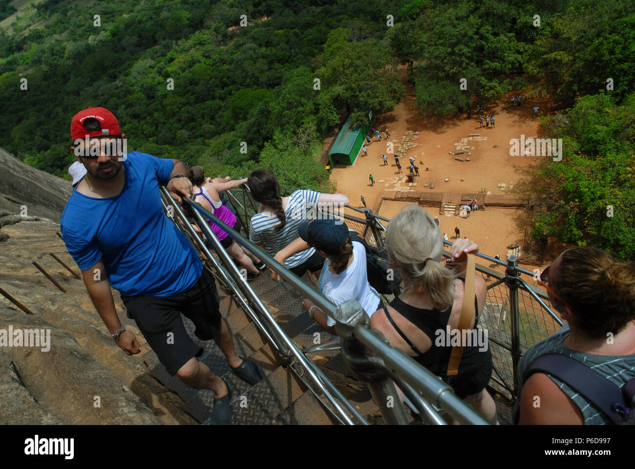 The walk up to the top of Sigiriya Rock Fortress along the cliff face ...