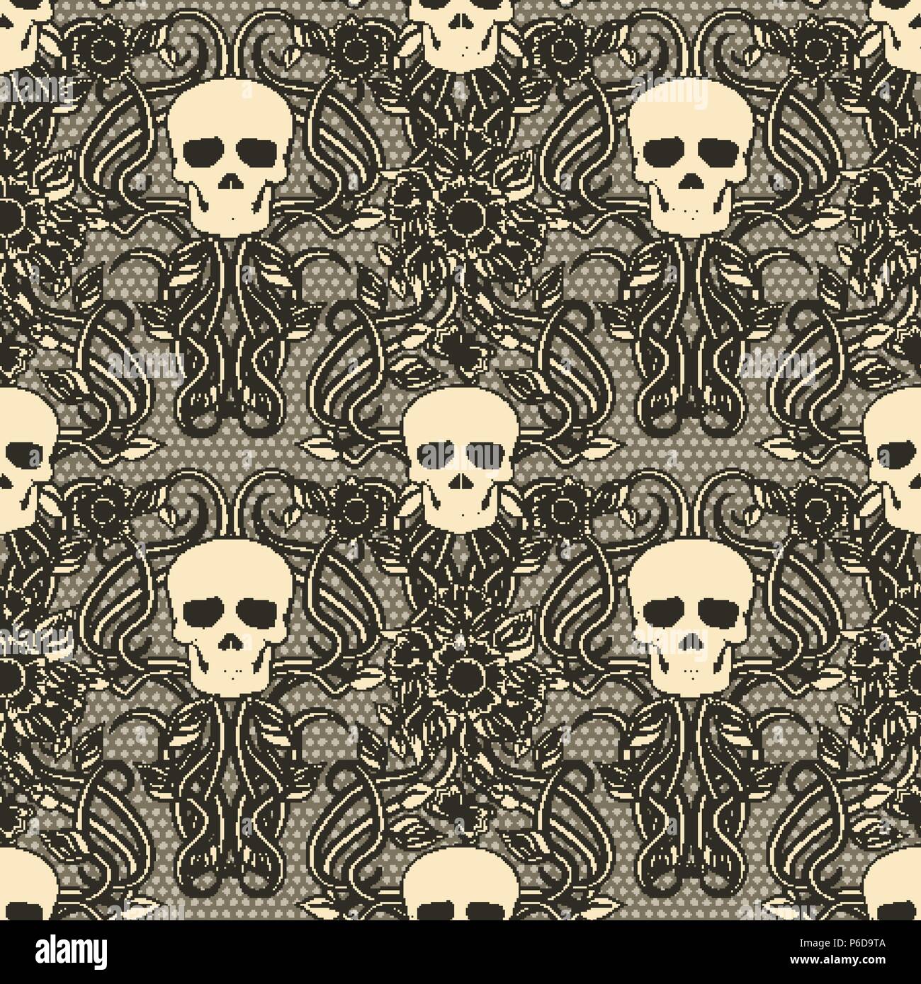 Seamless pattern with skull in art nouveau style, vector illustration Stock Vector