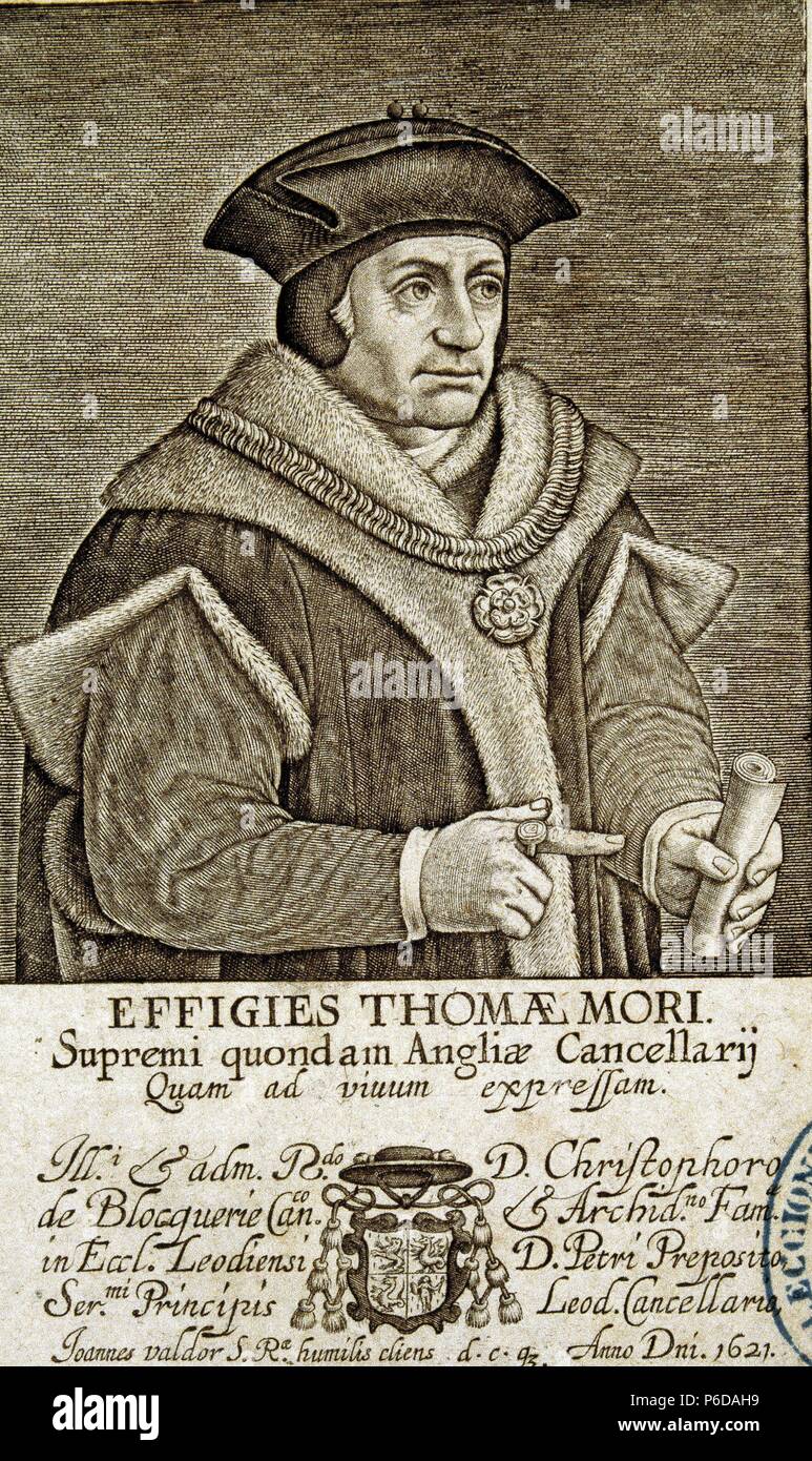 TOMAS MORO , SANTO ( 1478 - 1535 ). CANCILLER DE INGLATERRA EN TIEMPOS DEL REY ENRIQUE VIII. GRABADO RETRATO. BIBLIOTECA NACIONAL. MADRID. Stock Photo
