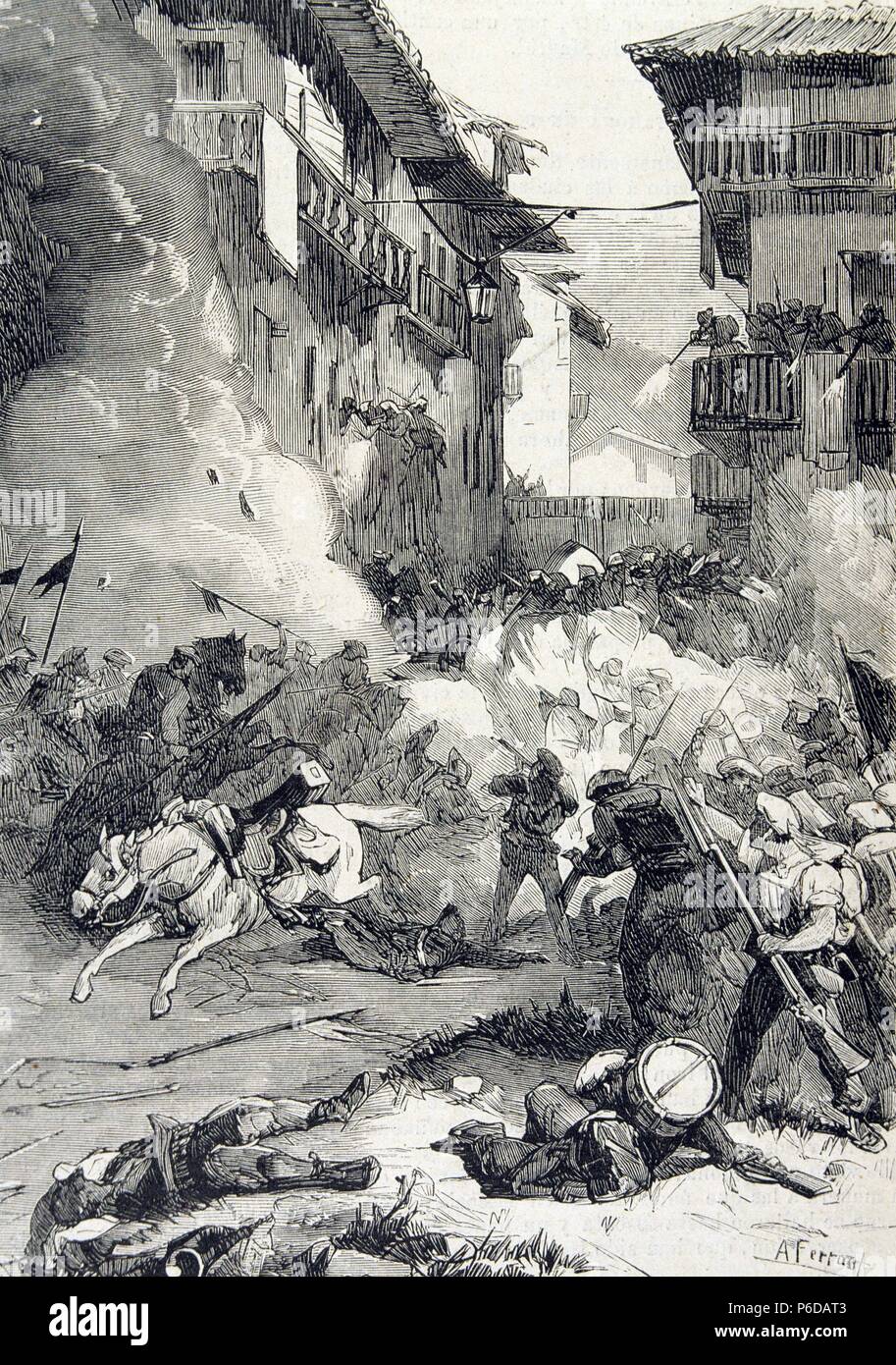 GUERRA CARLISTA. TERCERA GUERRA CARLISTA. ( 1872 - 1876 ). REINADO DE AMADEO I O AMADEO DE SABOYA. ' ATAQUE Y DEFENSA DE ESTELLA , AÑO 1873 '. GRABADO DE LA ILUSTRACION ESPAÑOLA Y AMERICANA. Stock Photo