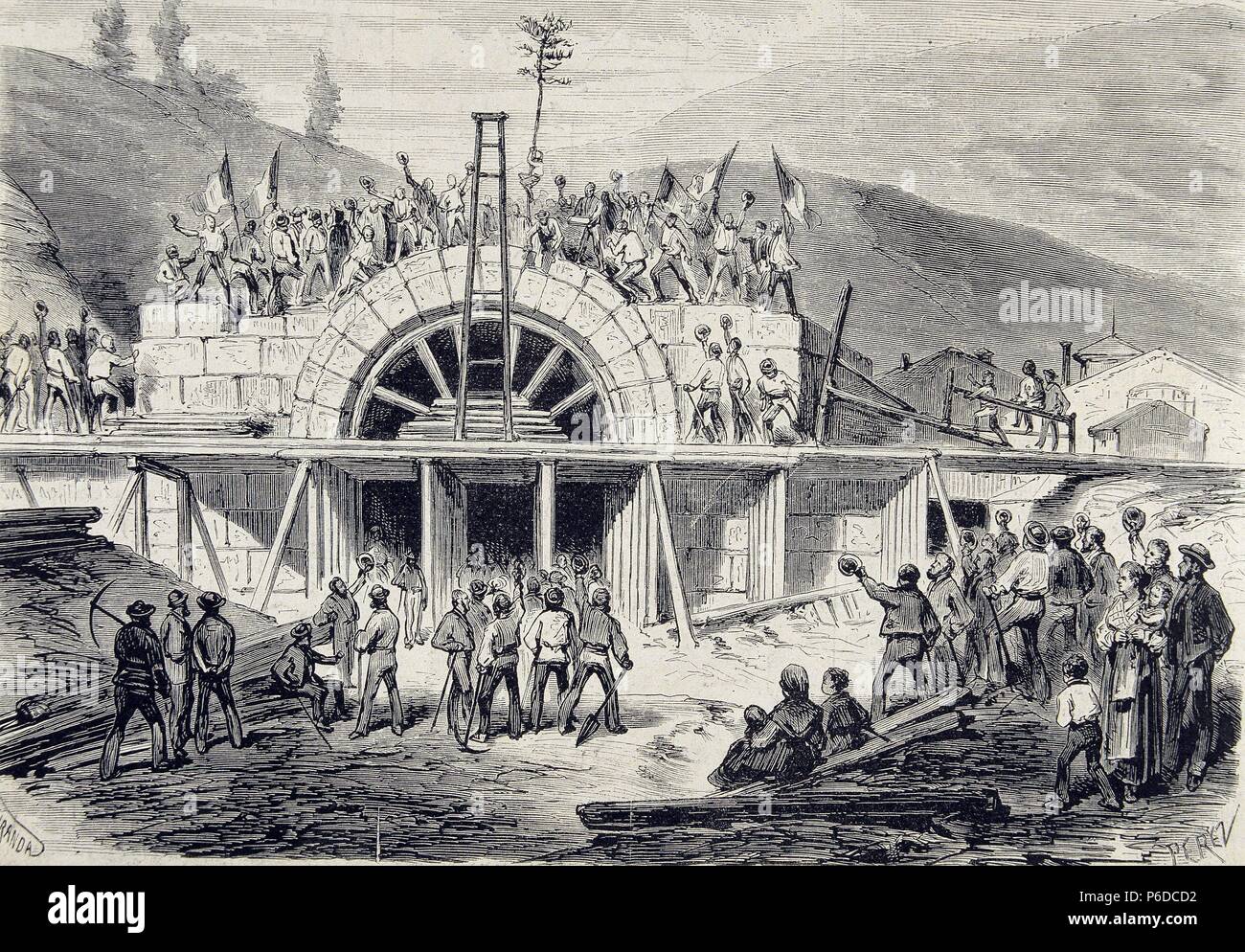 FERROCARRILES. FRANCIA. PERFORACION DE LOS ALPES.COLOCACION DE LA ULTIMA PIEDRA DEL TUNEL DE MONT - CENIS. ILUSTRACION ESPAÑOLA Y AMERICANA , AÑO 1875. Stock Photo