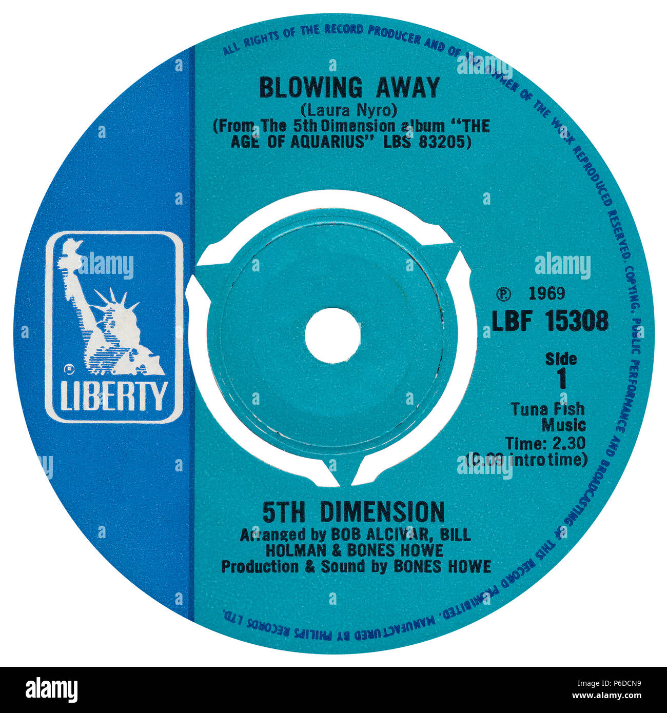 U.K. 45 rpm 7' single of Blowing Away by the 5th Dimension on the Liberty label from 1970. Composed by Laura Nyro, arranged by Bob Alcavar, Bill Holman and Bones Howe and produced by Bones Howe. Stock Photo