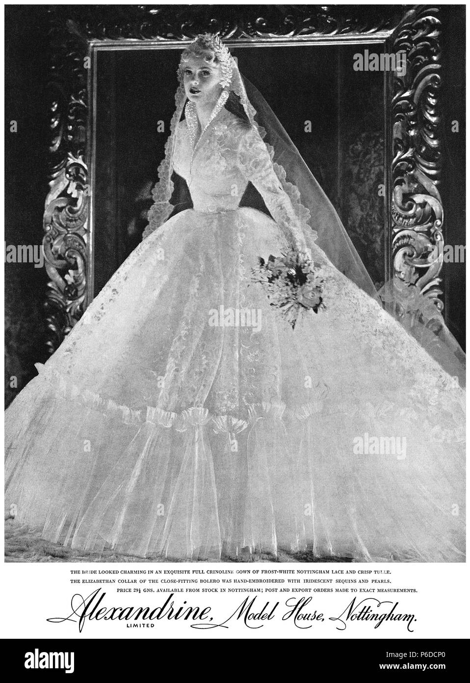 1956 British advertisement for a wedding dress by Alexandrine in Nottingham. Stock Photo