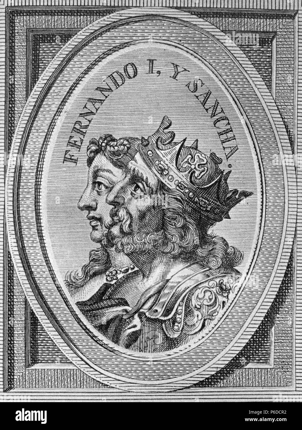 FERNANDO I ' EL MAGNO '. REY DE CASTILLA DE 1035 - 1065. Y SANCHA , REINA DE LEON DE 1037 - 1067. GRABADO RETRATO DE ARNOLDO VANWESTER , 1684. BIBLIOTECA NACIONAL. MADRID. Stock Photo