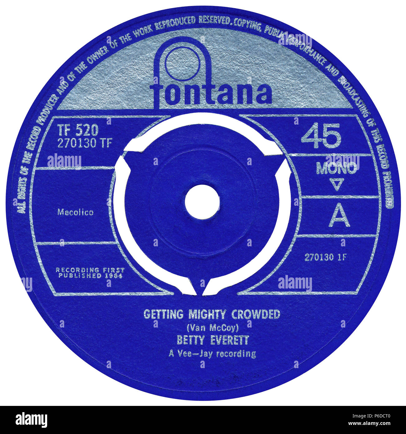 U.K. 45 rpm 7' single of Getting Mighty Crowded by Betty Everett on the Fontana label from 1964. Written by Van McCoy. Stock Photo