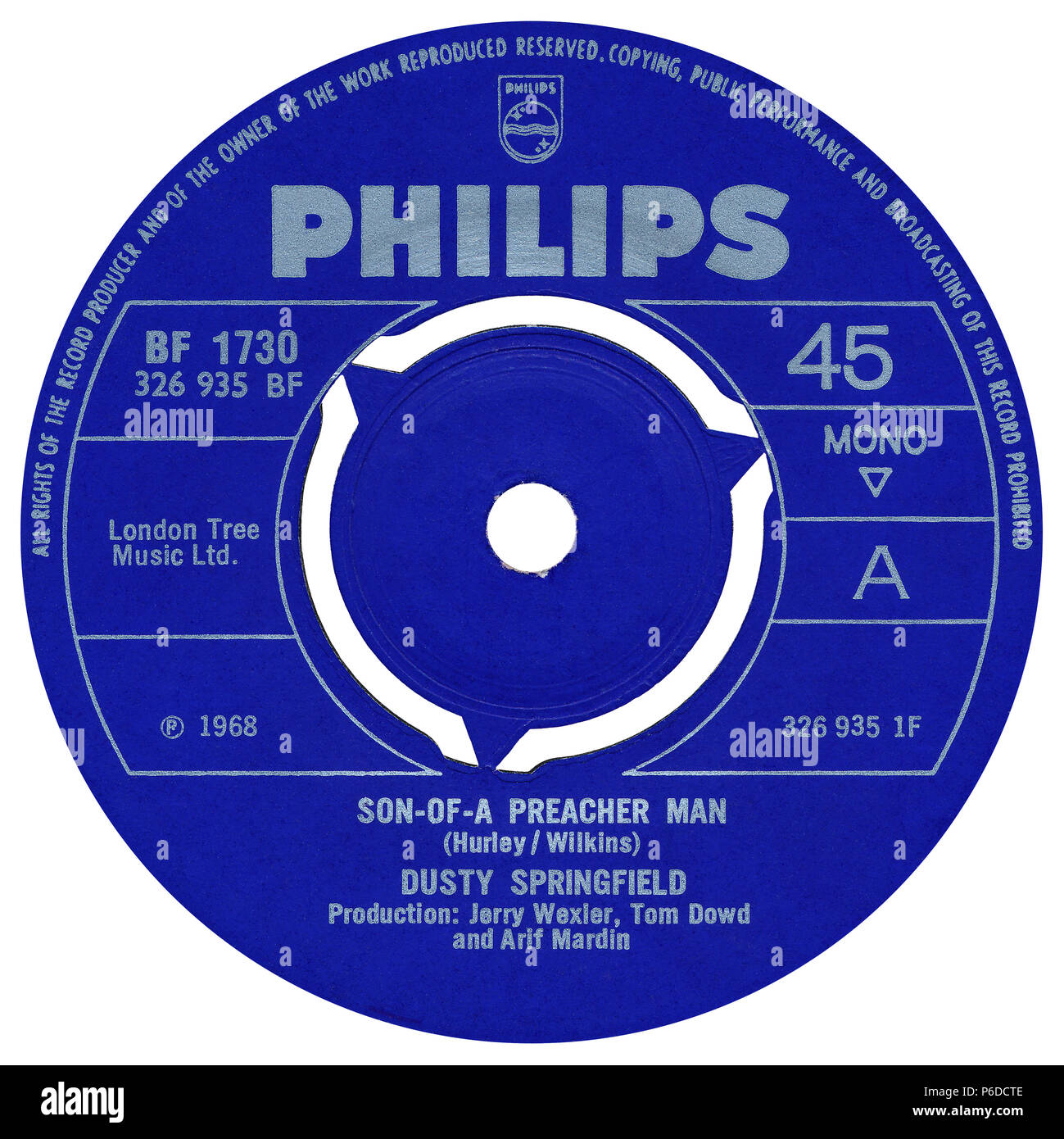U.K. 45 rpm 7' single of Son Of A Preacher Man by Dusty Springfield on the Philips label from 1968. Written by John Hurley and Ronnie Wilkins and produced by Jerry Wexler, Tom Dowd and Arif Mardin. Stock Photo