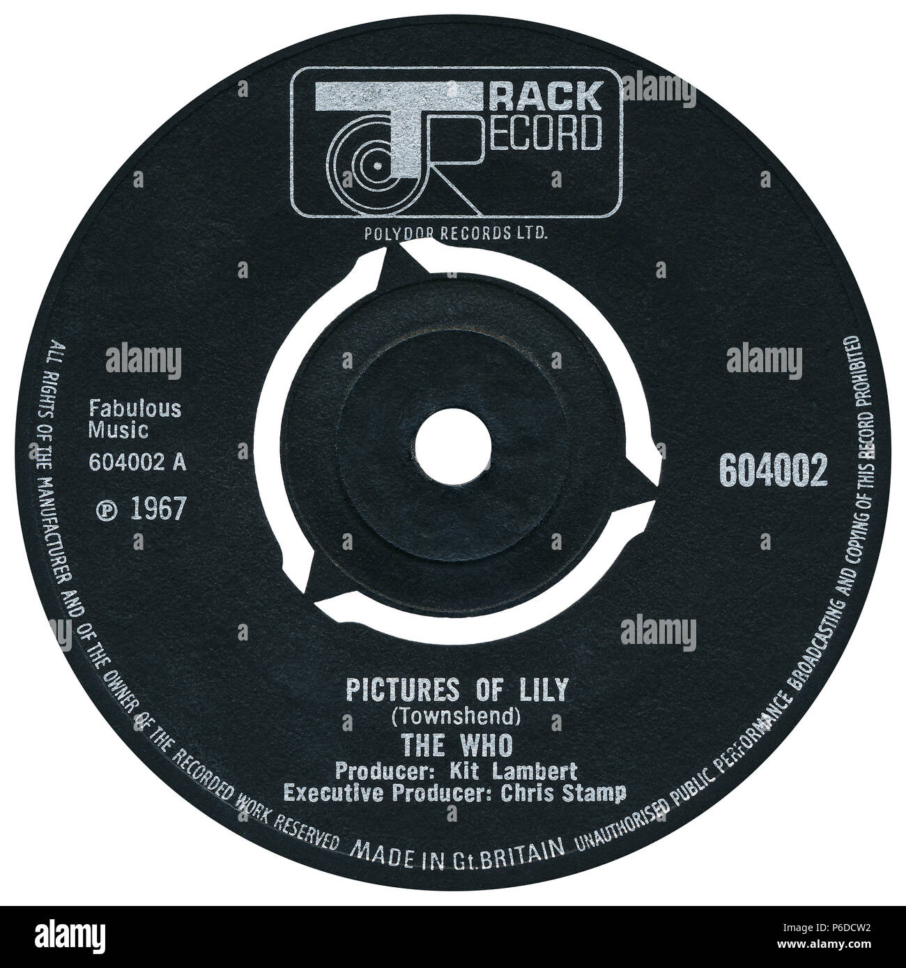 U.K. 45 rpm 7' single of Pictures Of Lily by The Who on Track Records from 1967. Written by Pete Townshend and produced by Kit Lambert and Chris Stamp. Stock Photo