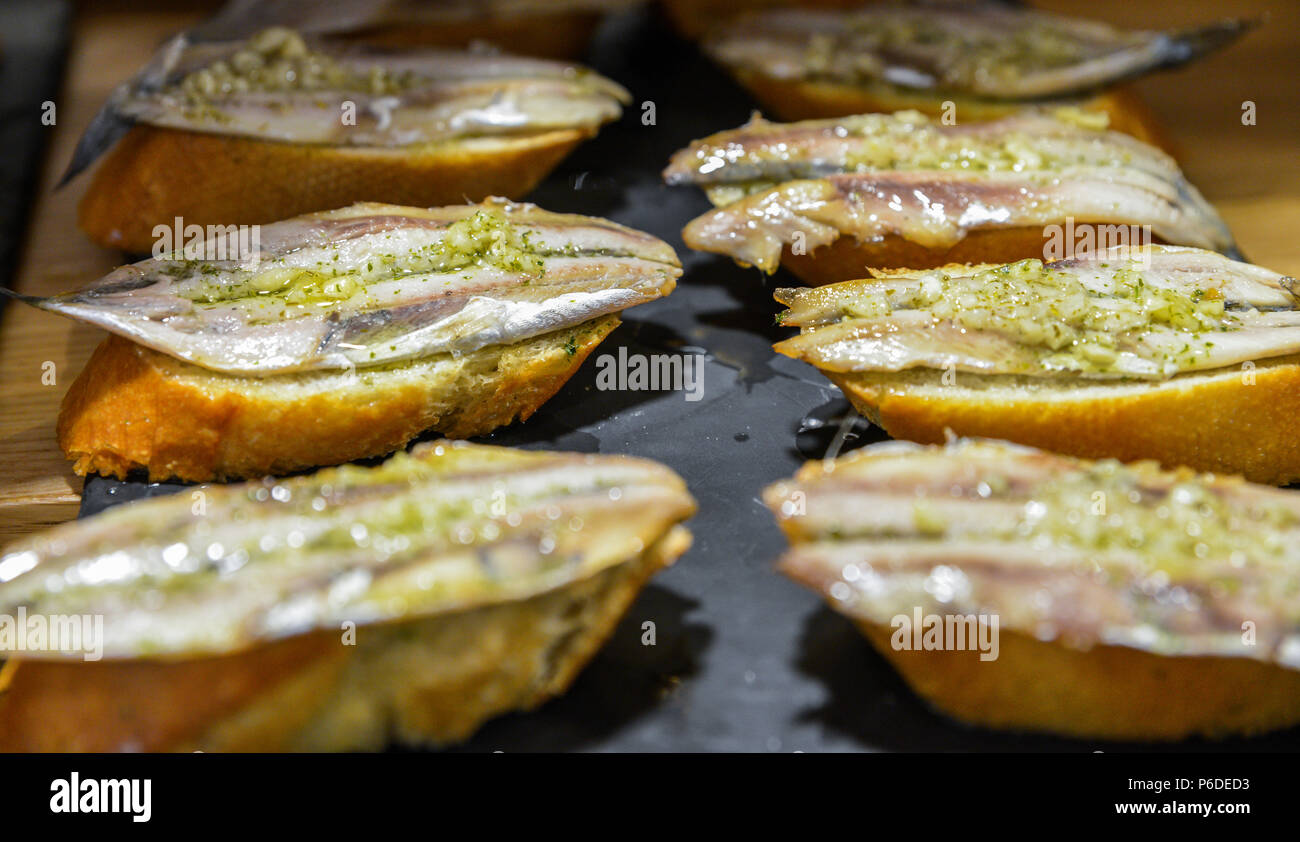 Spanish tapas called pintxos of the Basque country sardines with