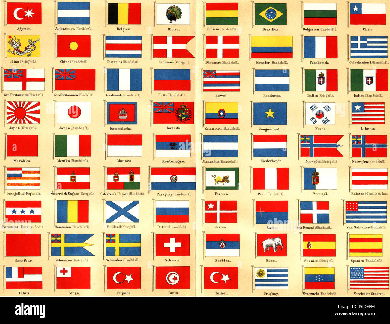 Deutsch: Internationale Flaggen, Tafel I zum Artikel „Flagge“ English:  International Flags ca. 1890. 1892 43 Flaggen Bd1 Stock Photo - Alamy