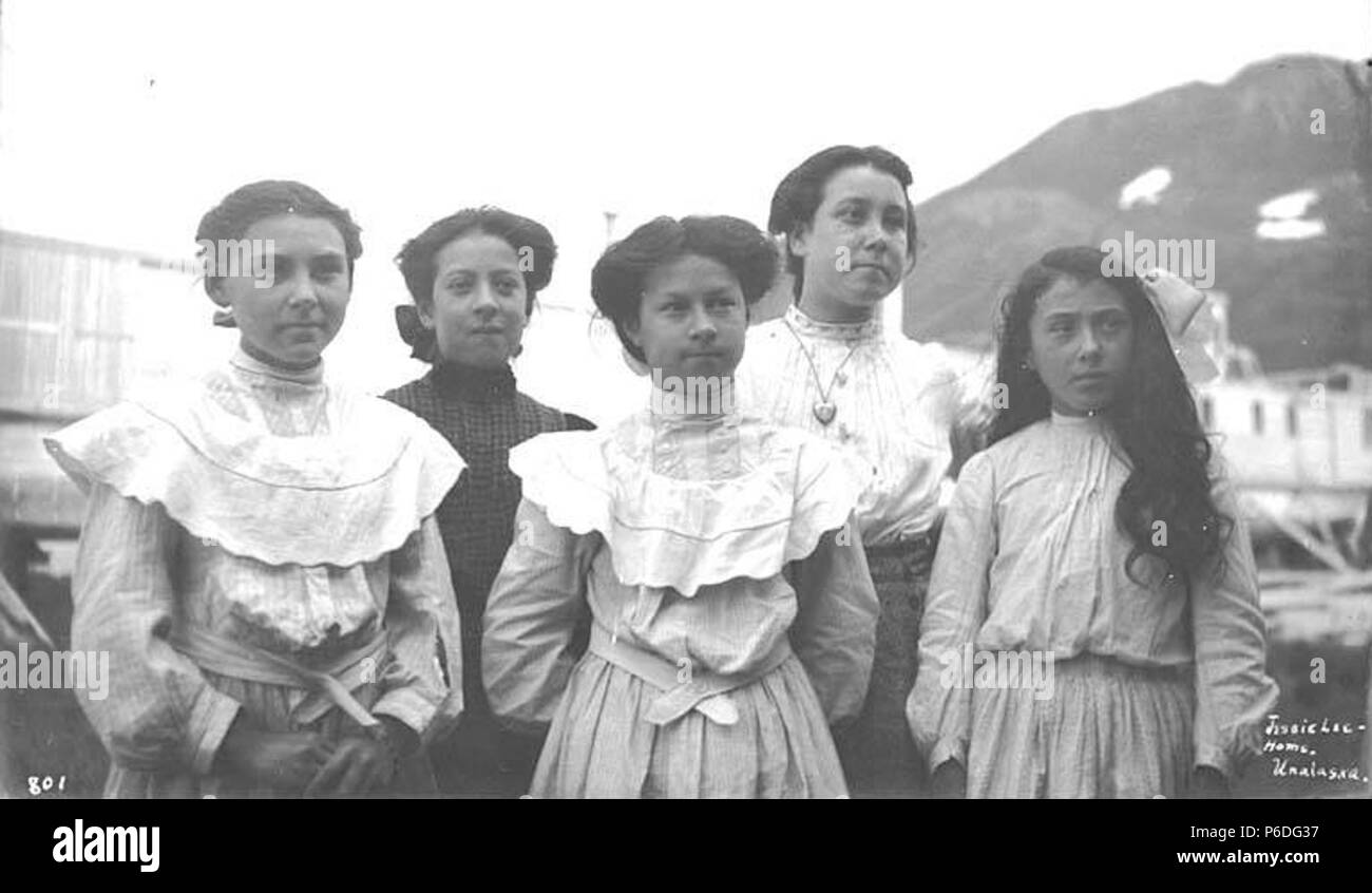 . English: Girls from the Jesse Lee Home, Unalaska, ca. 1911 . English: Caption on image: Jessie Lee Home, Unalaska PH Coll 247.227 Alaska Children's Services began as an orphanage in Unalaska in 1890. Known as the Jesse Lee Home, this Methodist-sponsored program served hundreds of Alaskan children until 1925, when it moved to larger facilities in Seward. The Jesse Lee Home provided the basic necessities of food and shelter, as well as love, caring, nurturing, job skills training, and encouragement toward self-reliance. After suffering severe damage from the Good Friday earthquake of 1964, the Stock Photo