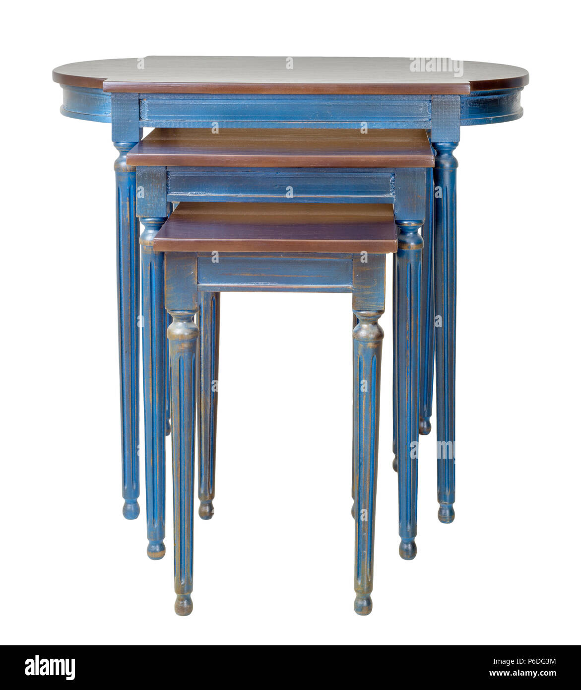 Retro wooden three nested tables with blue legs isolated on white