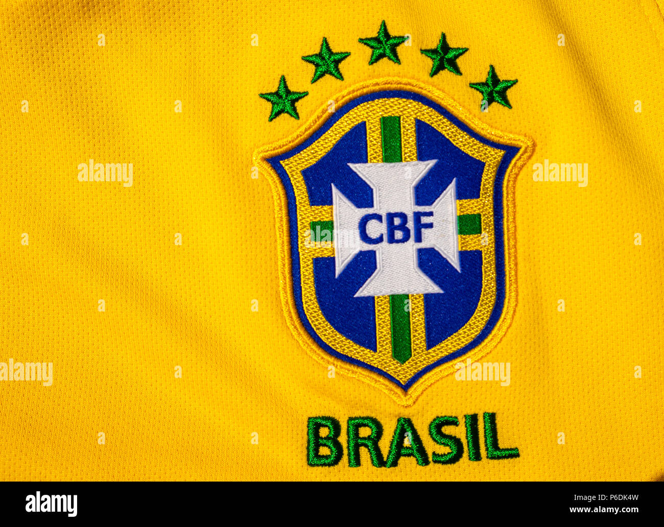 June 25, 2018 Moscow, Russia. Logo of the Brazilian Football Federation and  five stars on the Brazil national football team's soccer shirt Stock Photo  - Alamy