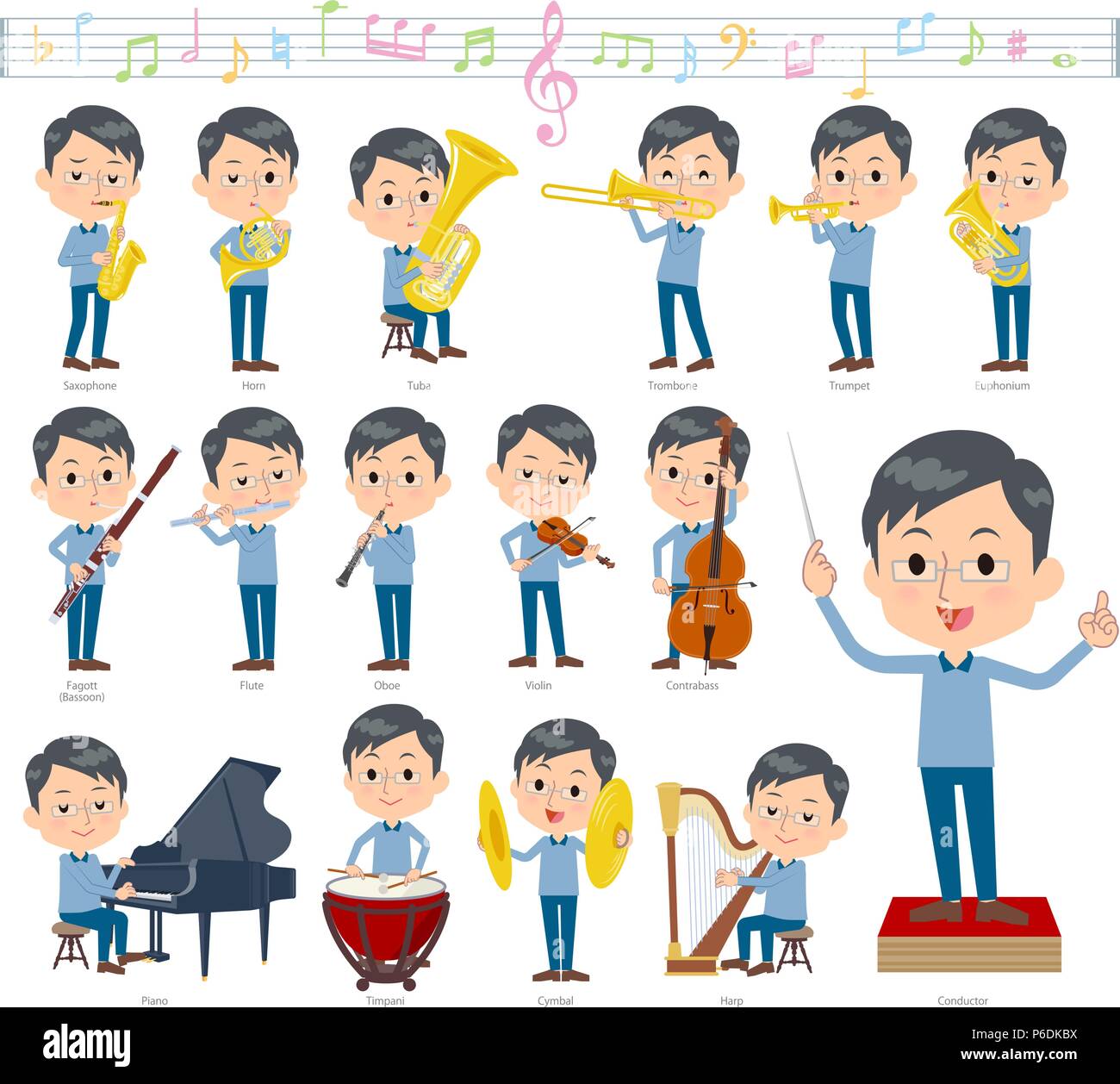 A set of men on classical music performances.There are actions to play