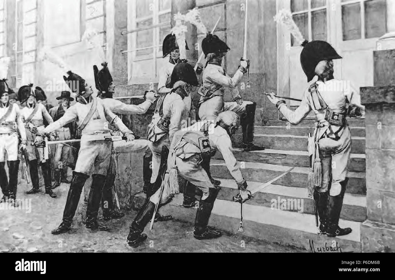 Officers of the élite Prussian Regiment Gensd'armes, wishing to provoke war, sharpen their swords on the steps of the French embassy in Berlin in the autumn of 1806. 1906 64 Myrbach-Prussian Garde du Corps Stock Photo