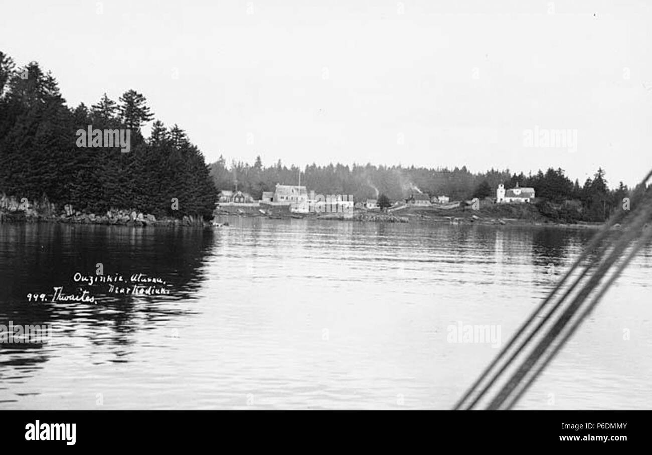 . English: Ouzinkie from the water, ca. 1912 . English: Caption on image: Ouzinkie, Alaska, near Kodiak PH Coll 247.285 Ouzinkie is located on the west coast of Spruce Island, adjacent to Kodiak Island. It lies northwest of the City of Kodiak. Ouzinkie became a retirement community for the Russian American Company. The Russians referred to the settlement in 1849 as 'Uzenkiy' meaning 'village of Russians and Creoles. In 1889, the Royal Packing Company constructed a cannery at Ouzinkie. Shortly afterward, the American Packing Company built another. In 1890, a Russian Orthodox Church was built, a Stock Photo