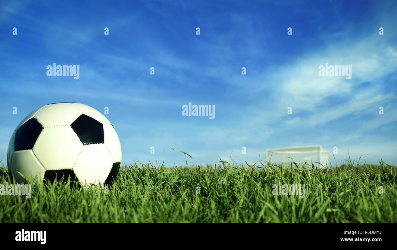 Soccer ball for sport event, basic leather sports equipment. Realistic football on green grass goal post field over blue sky background. Includes copy Stock Photo