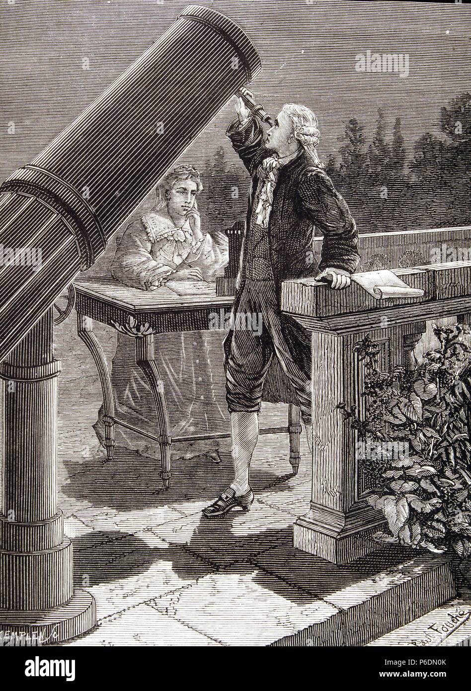 WILLIAN HERSCHEL. ASTRONOMO BRITANICO.1738 - 1822. GRABADO DEL LIBRO ' ASTRONOMIE POPULAIRE ' DE CAMILLE FLANMMARION. PARIS 1880. Stock Photo