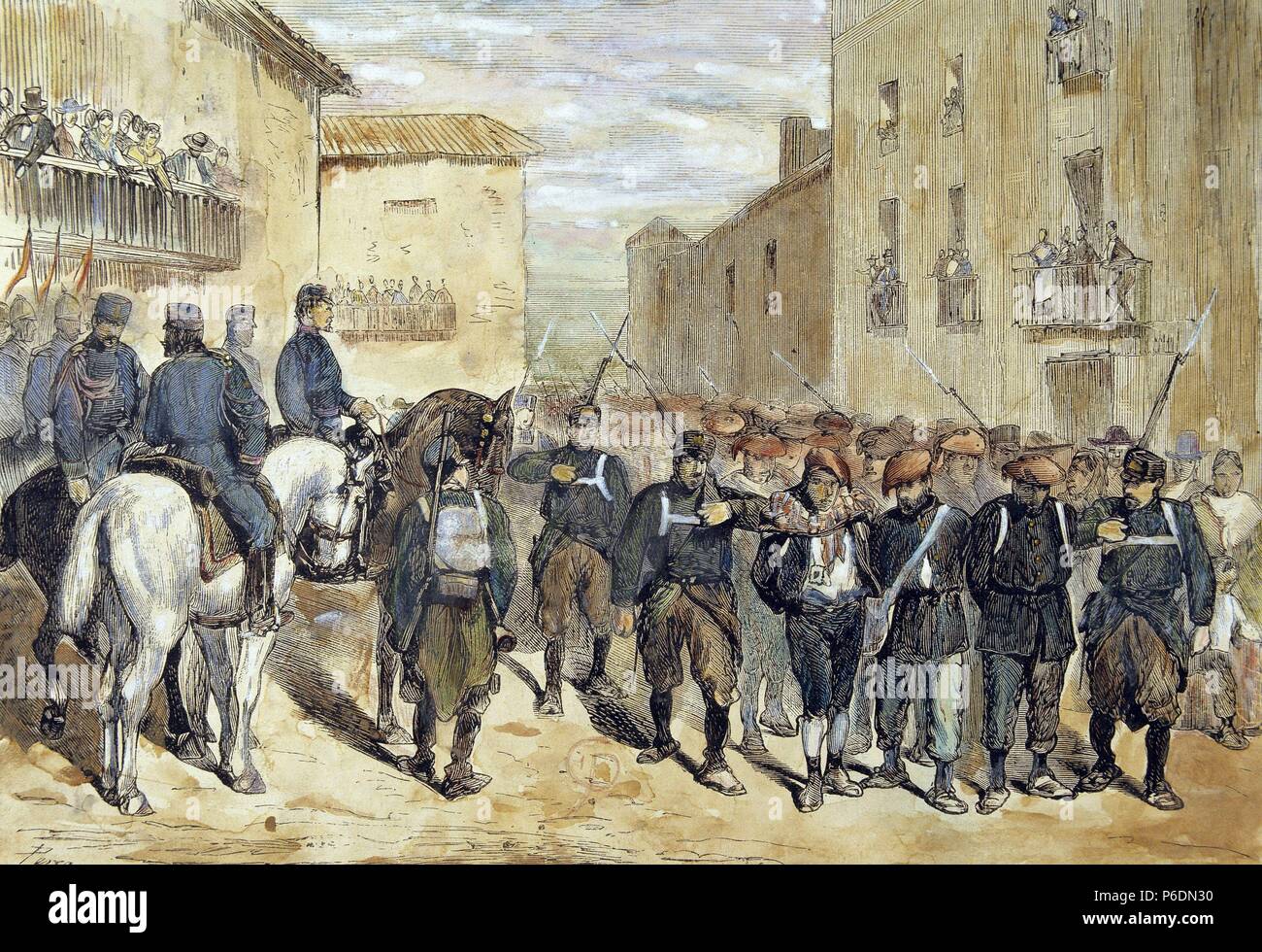 GUERRA CARLISTA. TERCERA GUERRA CARLISTA. ( 1872 - 1876 ). REINADO DE ALFONSO XII. ' ENTREDA EN ALBACETE DE LA COLUMNA DABAN CON PRISIONEROS , AÑO 1874 '. GRABADO DE LA ILUSTRACION ESPAÑOLA Y AMERICANA. Stock Photo