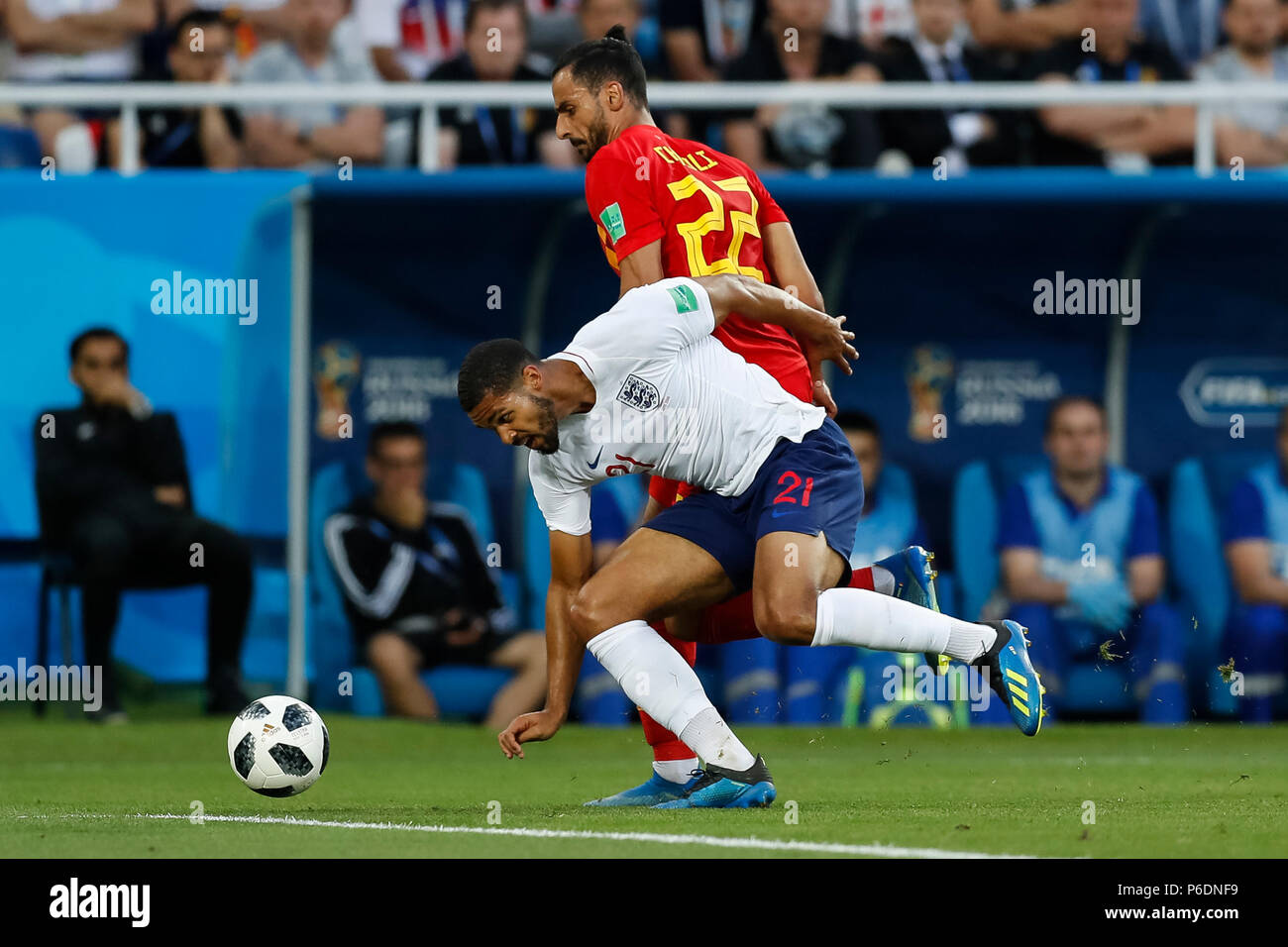 Kaliningrad, Russia. 28th June, 2018. Ruben Loftus-Cheek of England and Nacer Chadli of Belgium during the 2018 FIFA World Cup Group G match between England and Belgium at Kaliningrad Stadium on June 28th 2018 in Kaliningrad, Russia. (Photo by Daniel Chesterton/) Credit: PHC Images/Alamy Live News Stock Photo