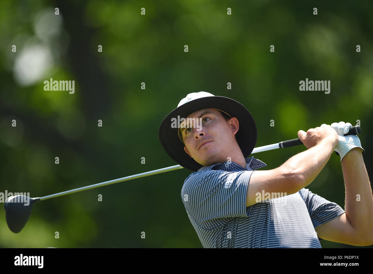 Potomac, Maryland, USA. JUNE 29, 2018 - Joel Dahmen (USA) tees off at the fifteenth hole during the second round at the 2018 Quicken Loans National at the Tournament Players Club in Potomac MD. Credit: Cal Sport Media/Alamy Live News Stock Photo