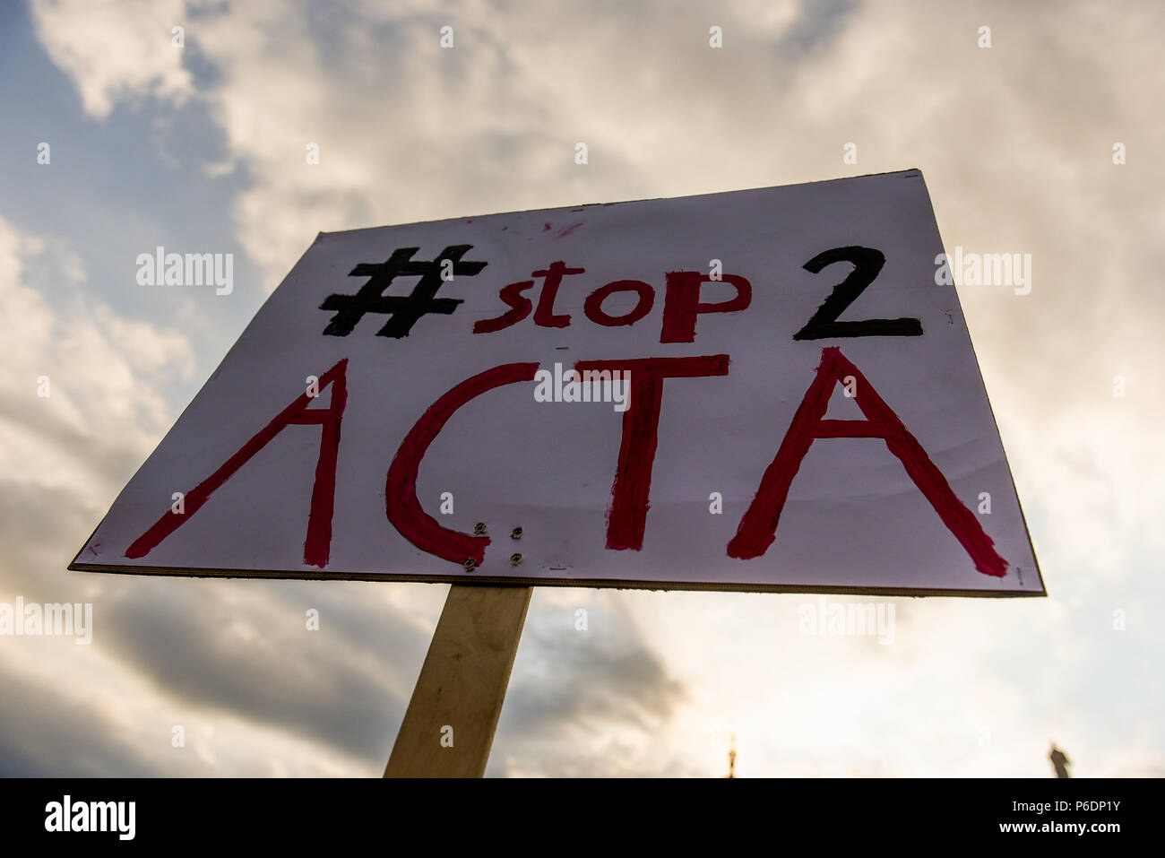 Krakow, Poland. 29th June, 2018. A banner saying ''#STOP ACTA 2 '' during a protest against the implementation of ACTA 2 ( Anti Counterfeiting Trade Agreement) in European Union. On June 20th, The Legal Affairs Committee of the European Parliament approved the draft directive on copyright on the digital market. The next vote will take place on July 4th. The European Commission intends to introduce a new tool, allegedly to protect copyrights. However, the treaty has a much broader scope and will deal with tools targeting internet distribution and information technology. (Credit Image: © Omar Stock Photo